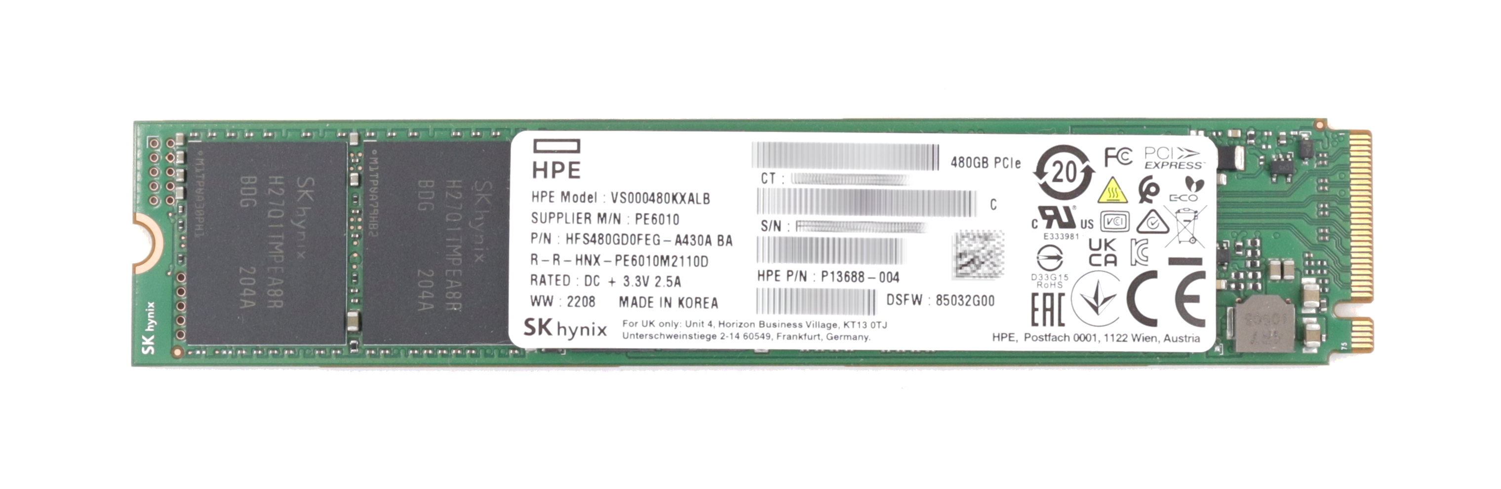 HPE Hynix 480GB PE6010 VS000480KXALB NVMe HFS480GD0FEG-A430A SSD M.2 P13688-004