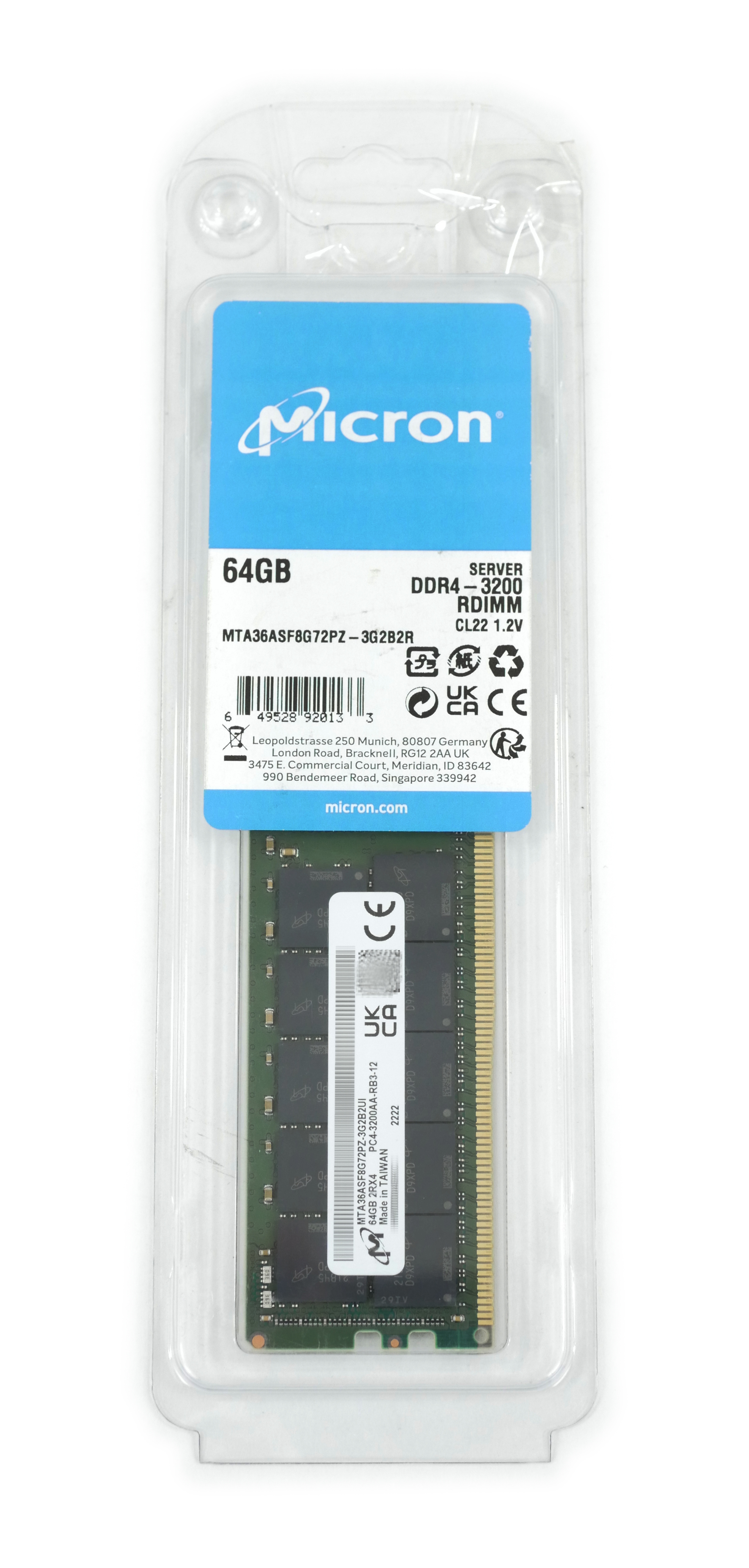 Micron 64GB MTA36ASF8G72PZ-3G2B2R DDR4 3200AA Dimm 288pin ECC Reg 1.2V Server