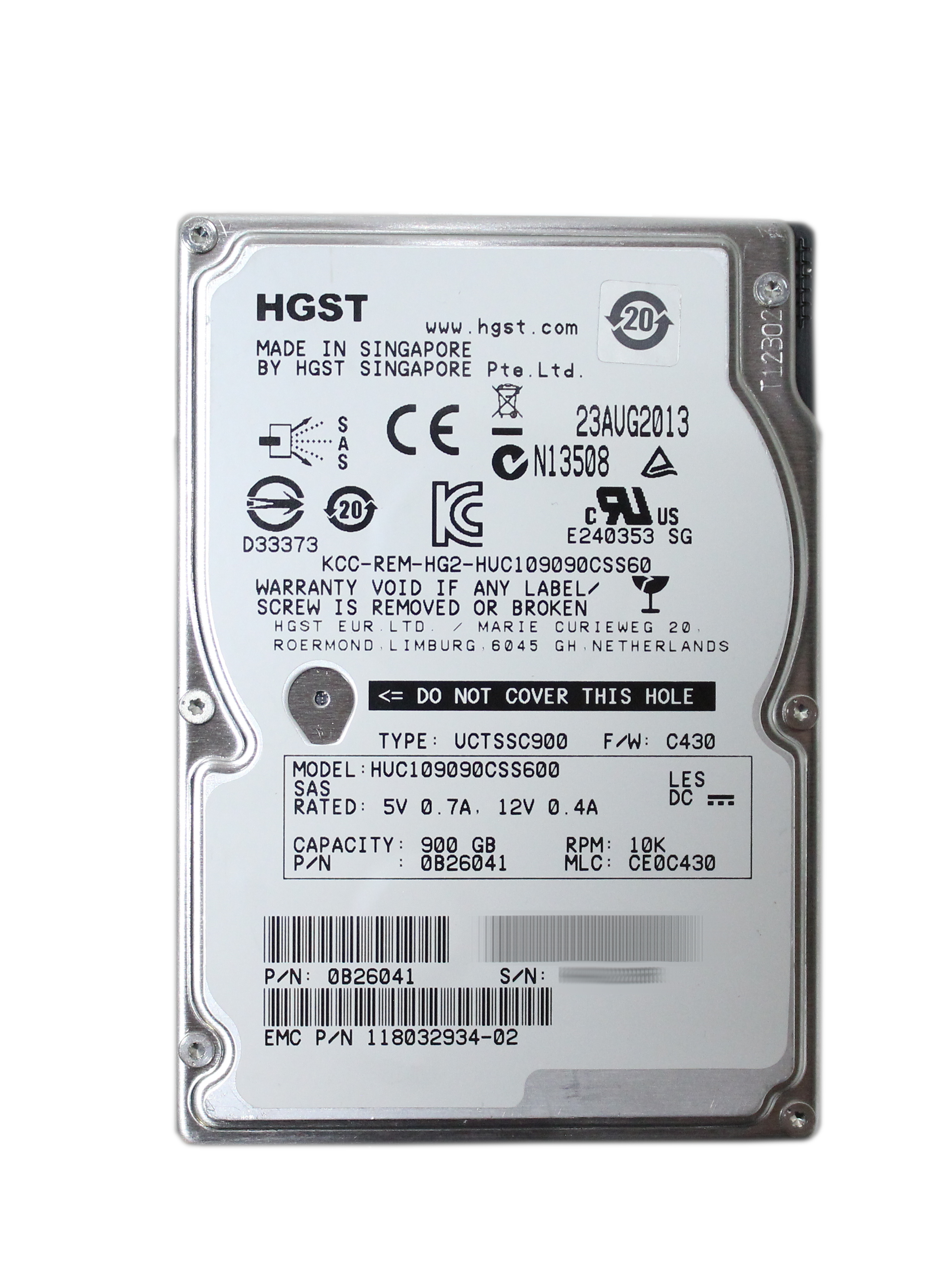 HGST 900GB HUC109090CSS600 RPM 10K 2.5" SAS EMC 0B26041 118032934-02 V6-2S10-900-DUP
