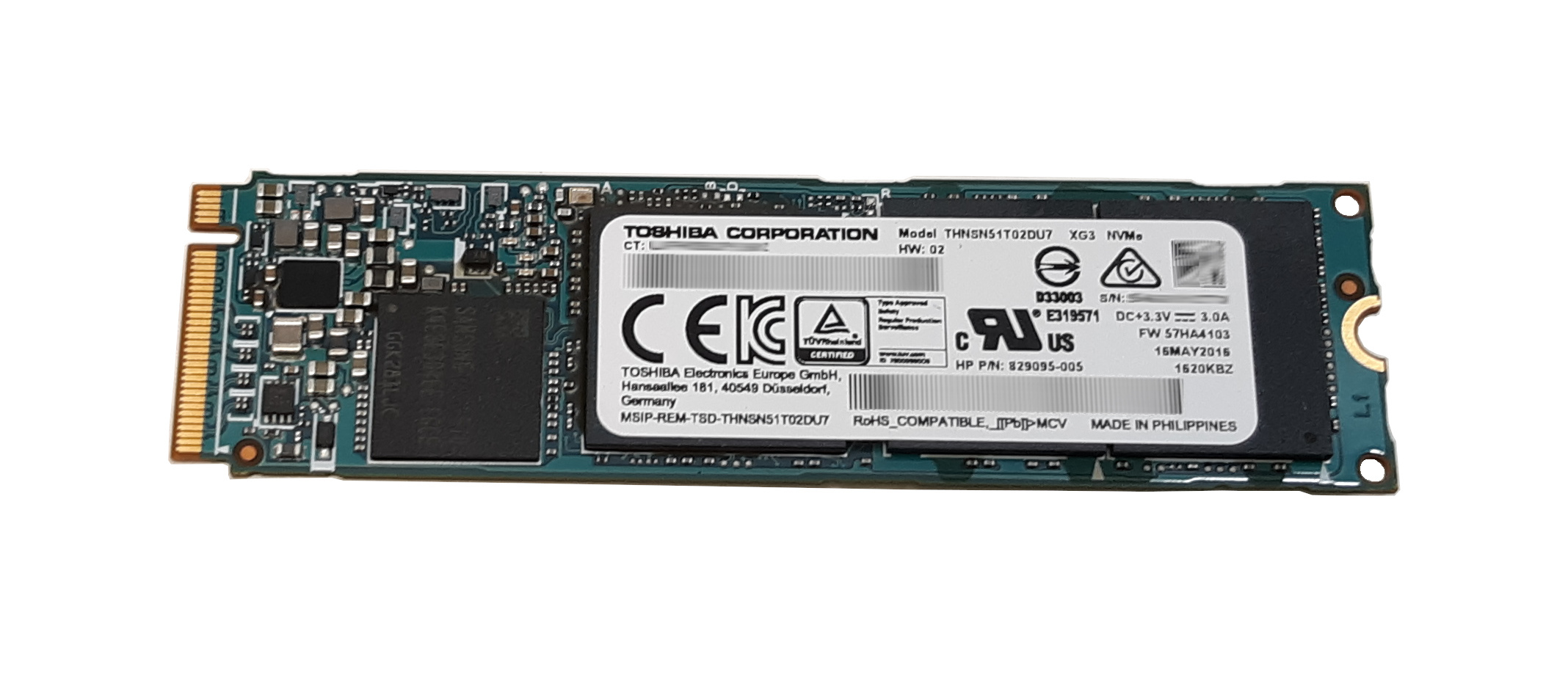 HP Toshiba 1TB THNSN51T02DU7 XG3 Series MLC PCI-E 3.1 x4 NVMe (TCG Pyrite) M.2 2280 SSD 57HA4103 829095-005