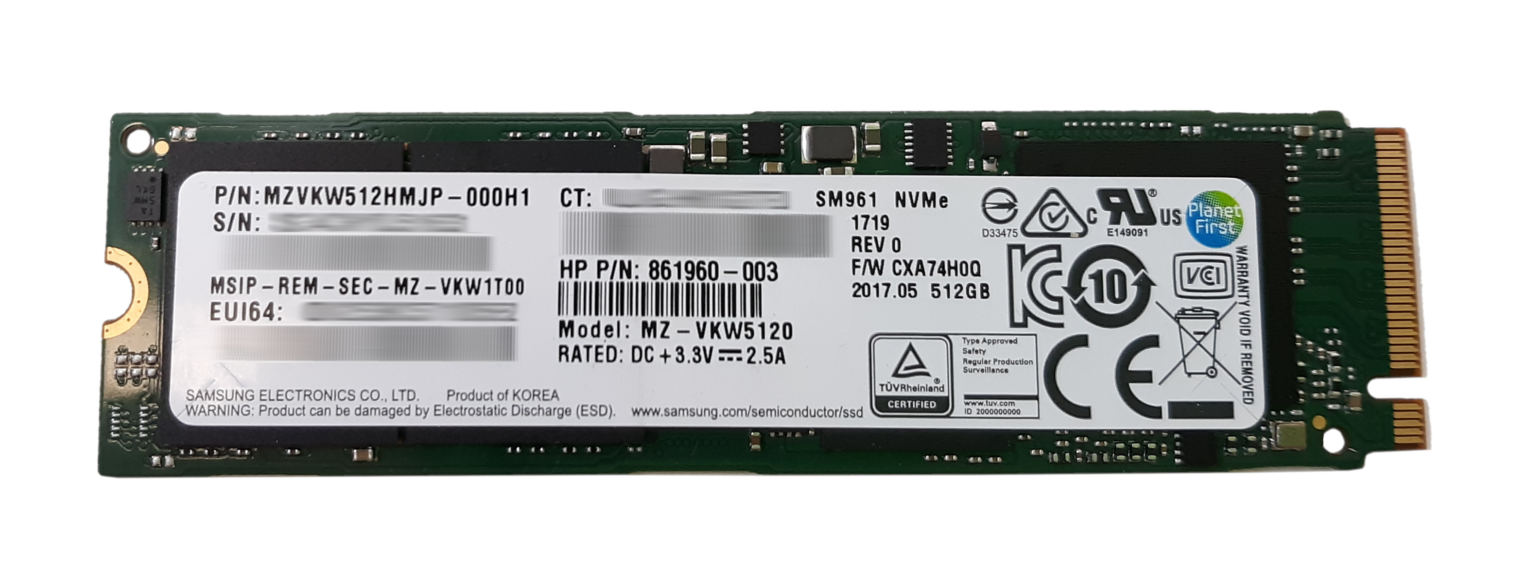 HP Samsung 512GB SSD MZ-VKW5120 SM961 M.2 PCI-E x4 MZVKW512HMJP-000H1 861960-003