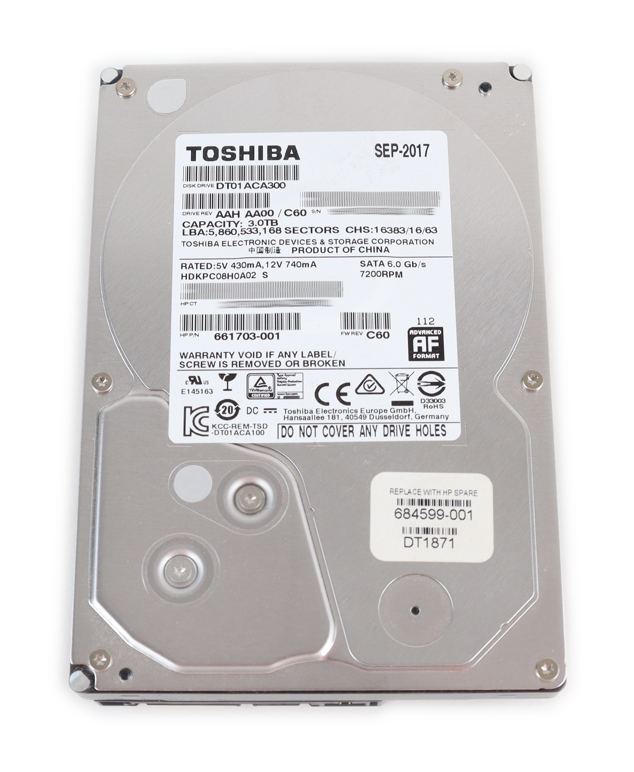 HP Toshiba 3TB DT01ACA300 7.2K RPM 64MB Cache SATA 3.5" 661703-001 684599-001