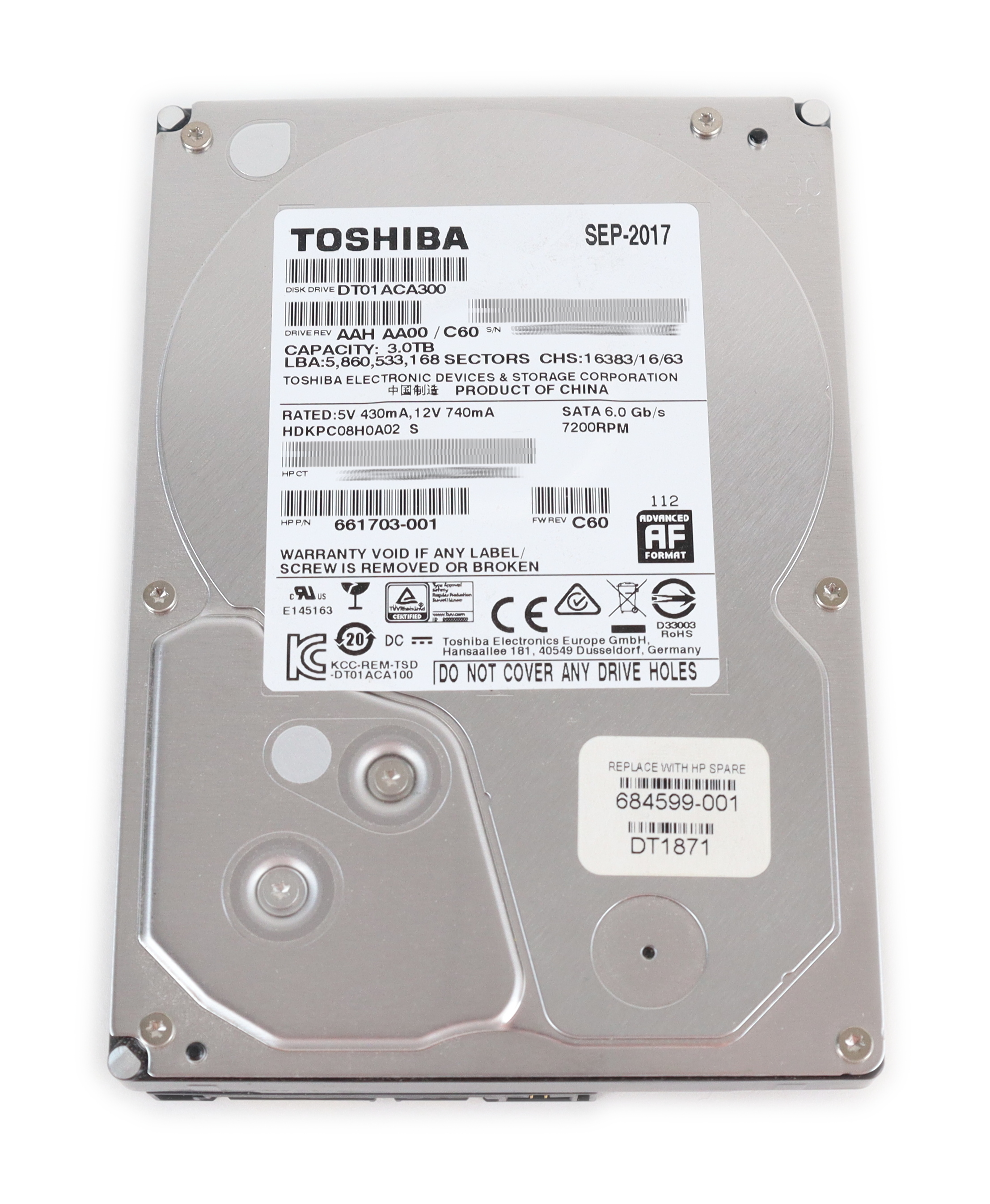 HP Toshiba 3TB DT01ACA300 7.2K RPM 64MB Cache SATA 3.5" 661703-001 684599-001 - Click Image to Close