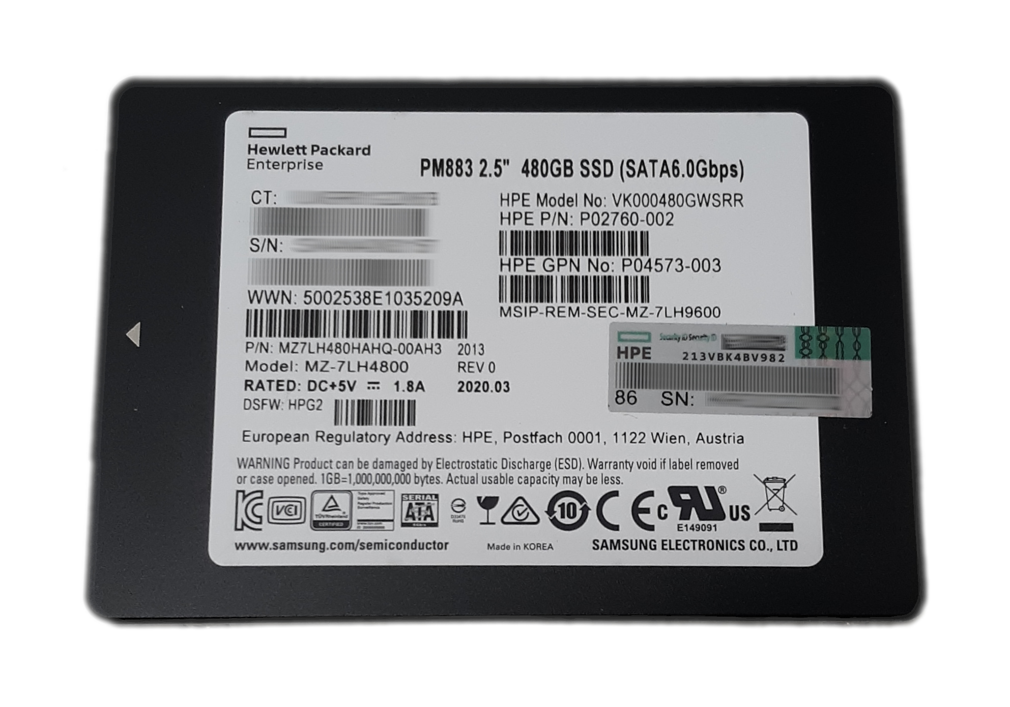 HPE 480GB SSD PM883 MZ-7LH4800 VK000480GWSRR 2.5" SATA 6.0Gbps P02760-002 P04573-003