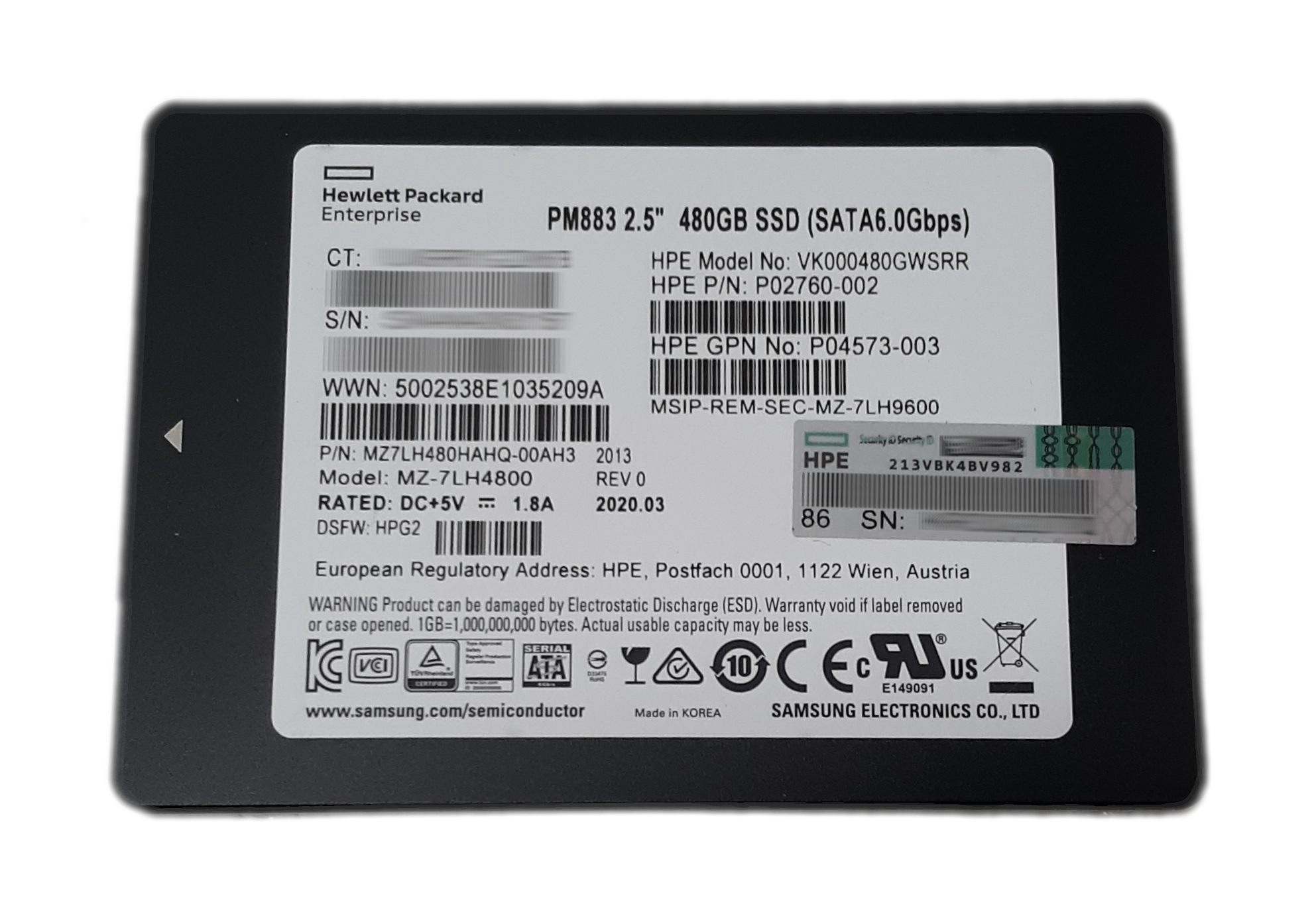 HPE 480GB SSD PM883 MZ-7LH4800 VK000480GWSRR 2.5" SATA 6.0Gbps P02760-002 P04573-003 - Click Image to Close