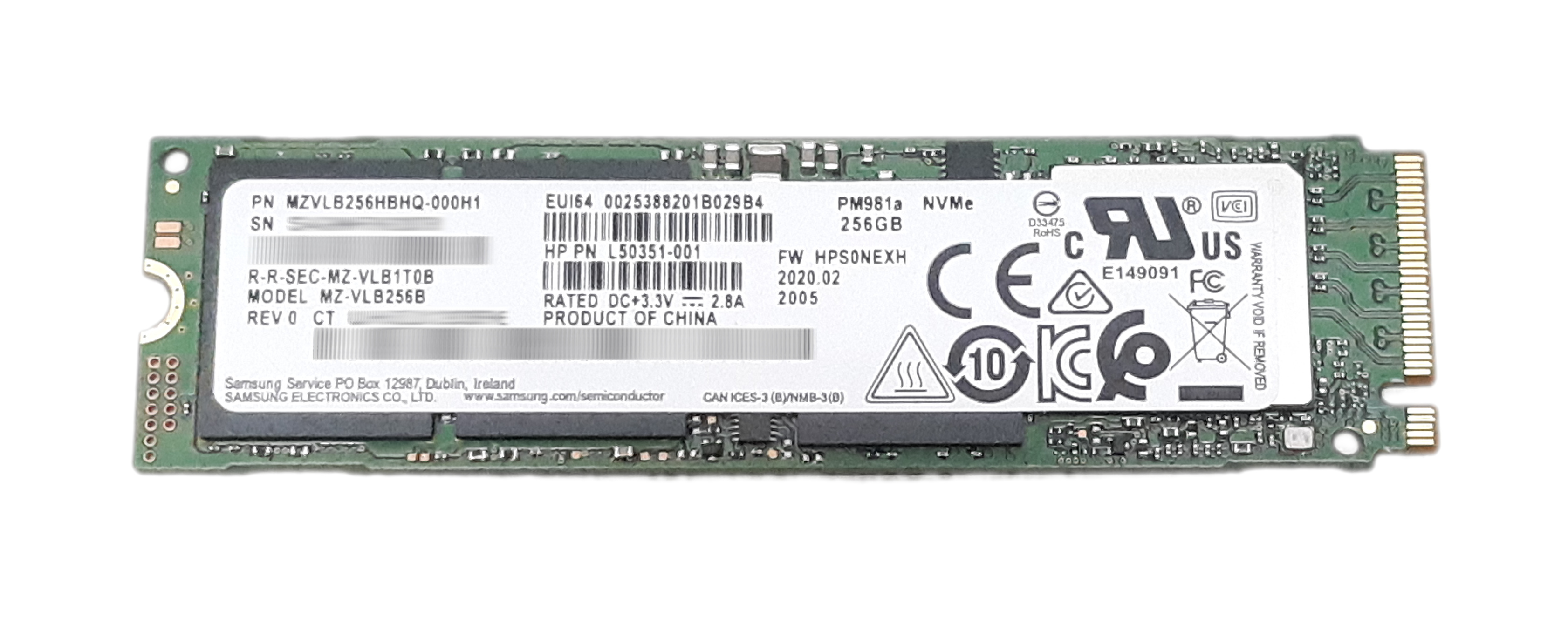 HP Samsung 256Gb MZVLB256HBHQ-000H1 PM981a NVMe PCIe M.2 SSD L50351-001 L69251-001 - Click Image to Close