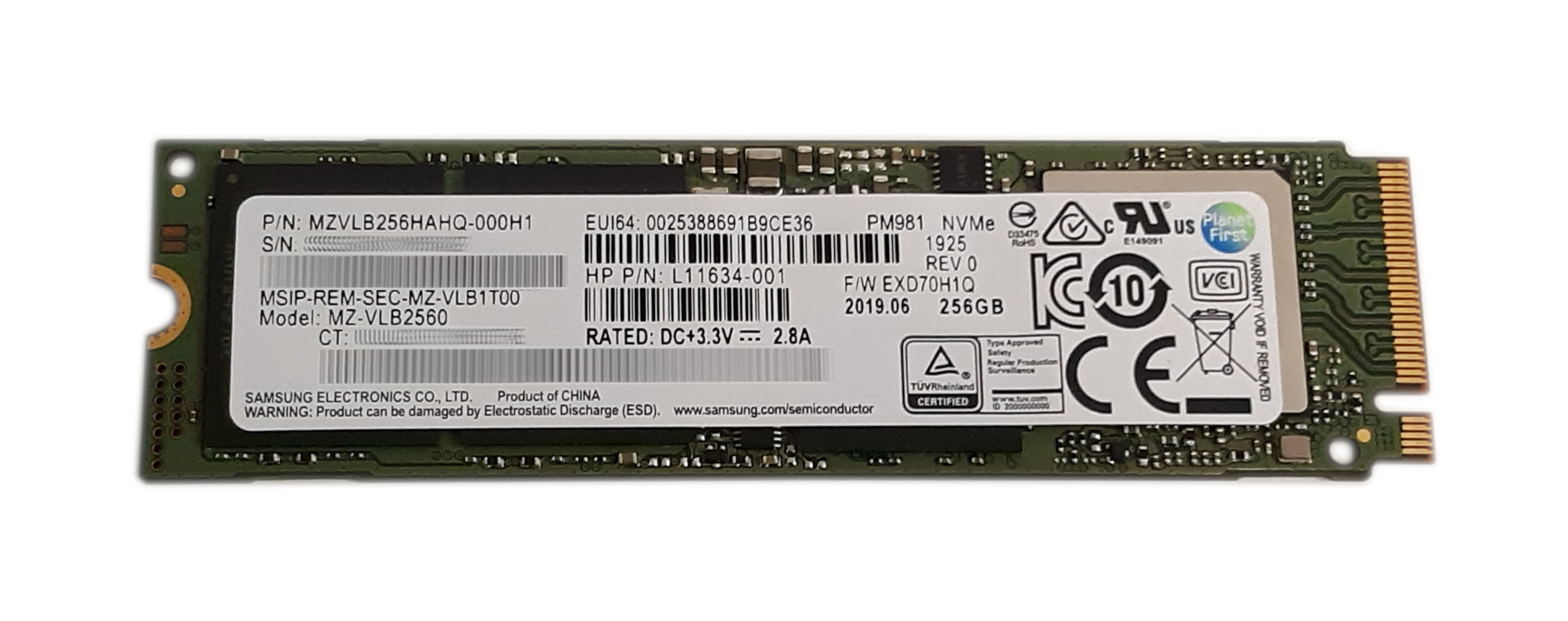 HP Samsung 256GB MZVLB256HAHQ-000H17 MZ-VLB2560 Nvme M.2 L11634-501 907579-001