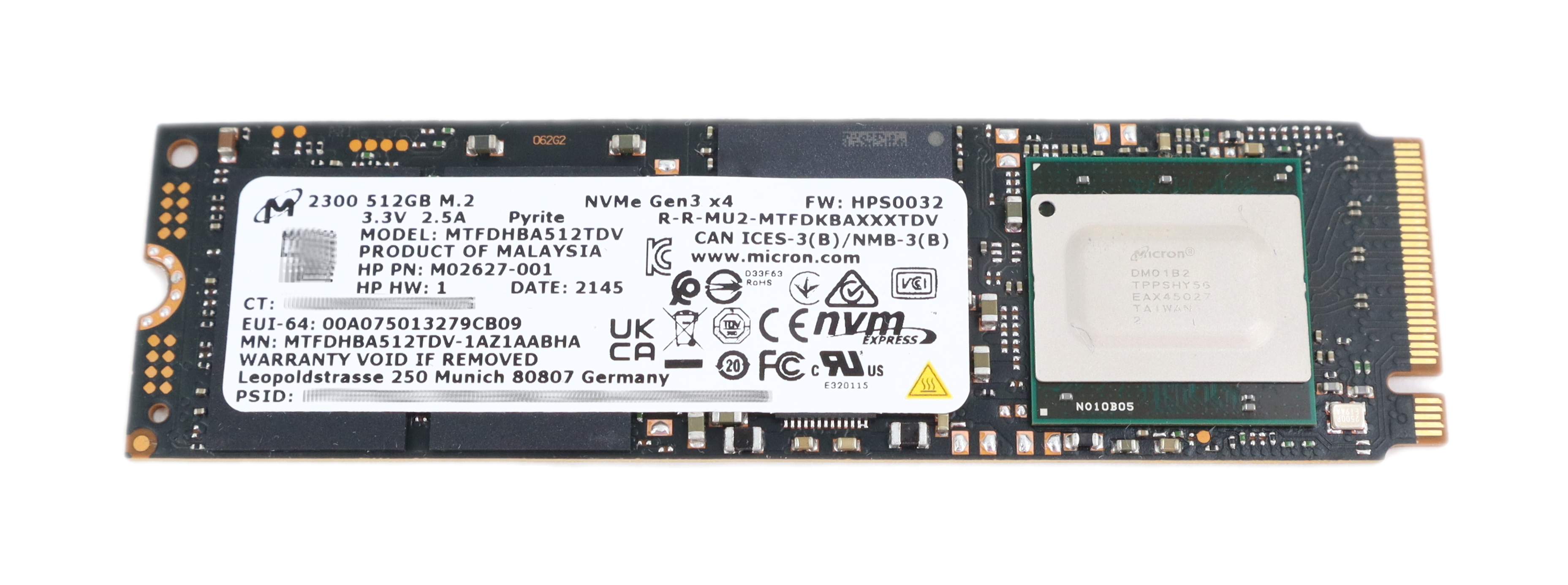 Micron 512GB MTFDHBA512TDV-1AZ1AABHA SSD M.2 NVMe Gen3 x4 M02627-001