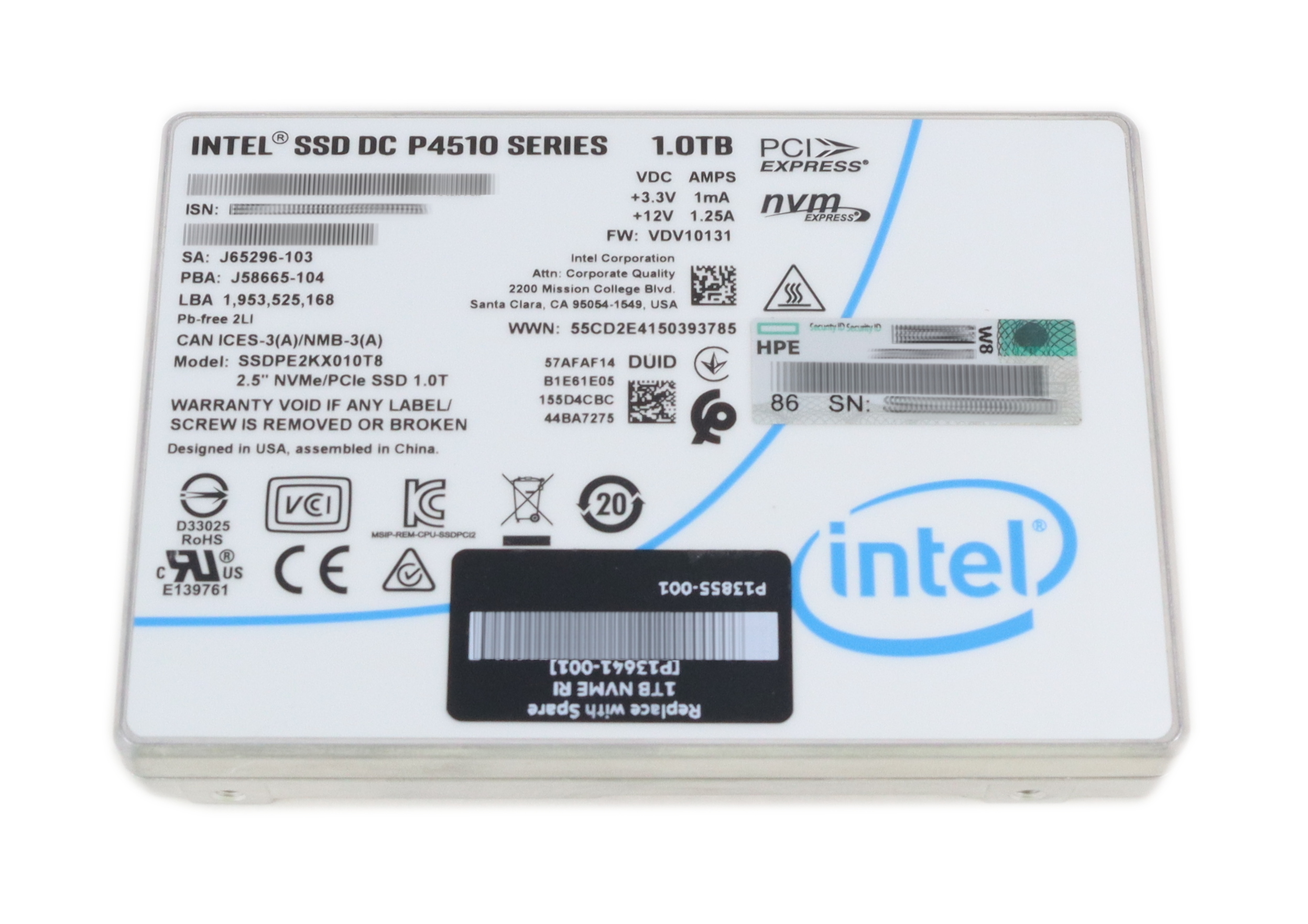 HPE Intel SSD DC P4510 1TB SSDPE2KX010T8 2.5" NVMe RI U.2 J65296-103 P13641-001
