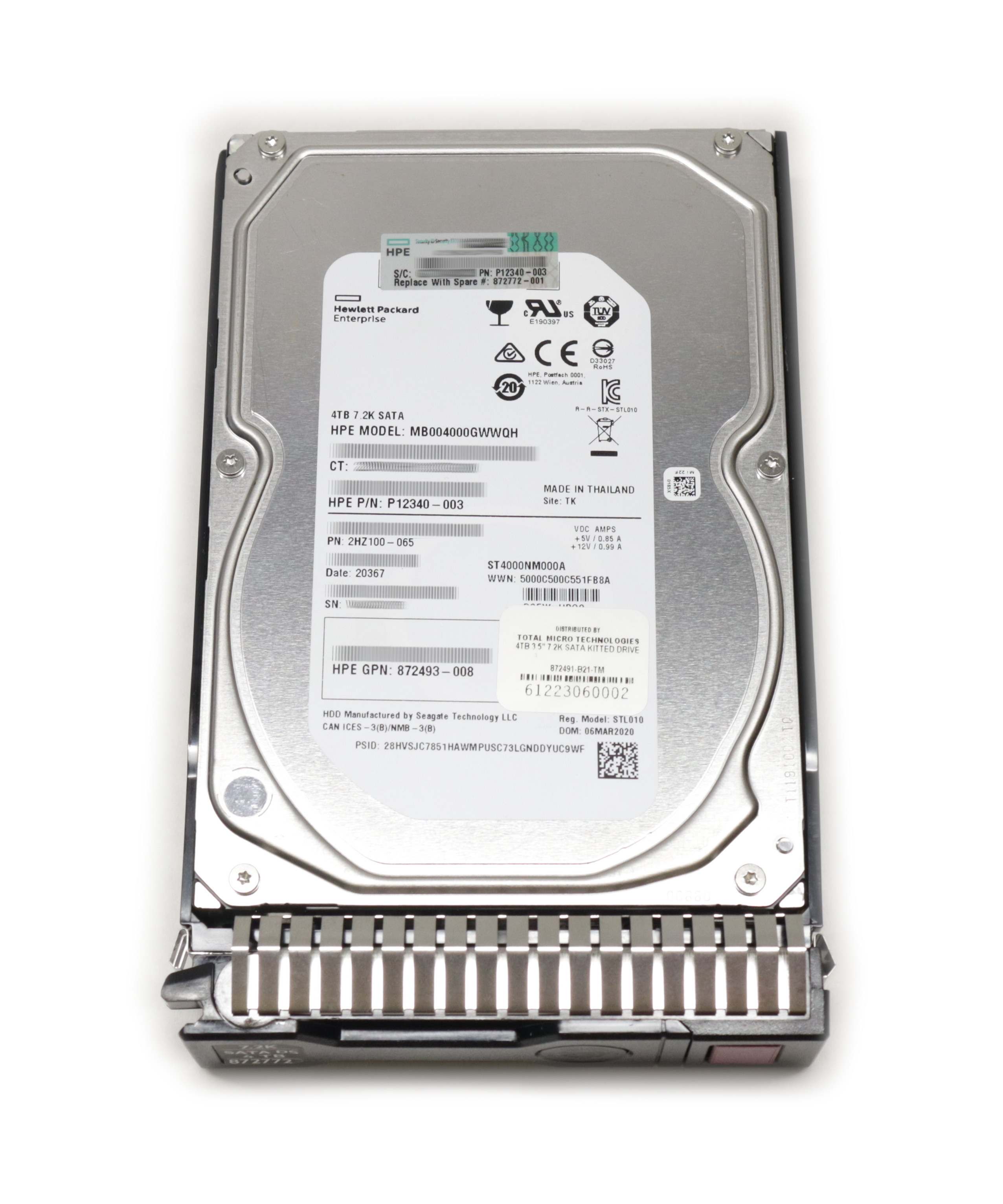 HPE Seagate 4TB MB004000GWWQH ST4000NM000A SATA P12340-003 872772-001 872491-B21 - Click Image to Close