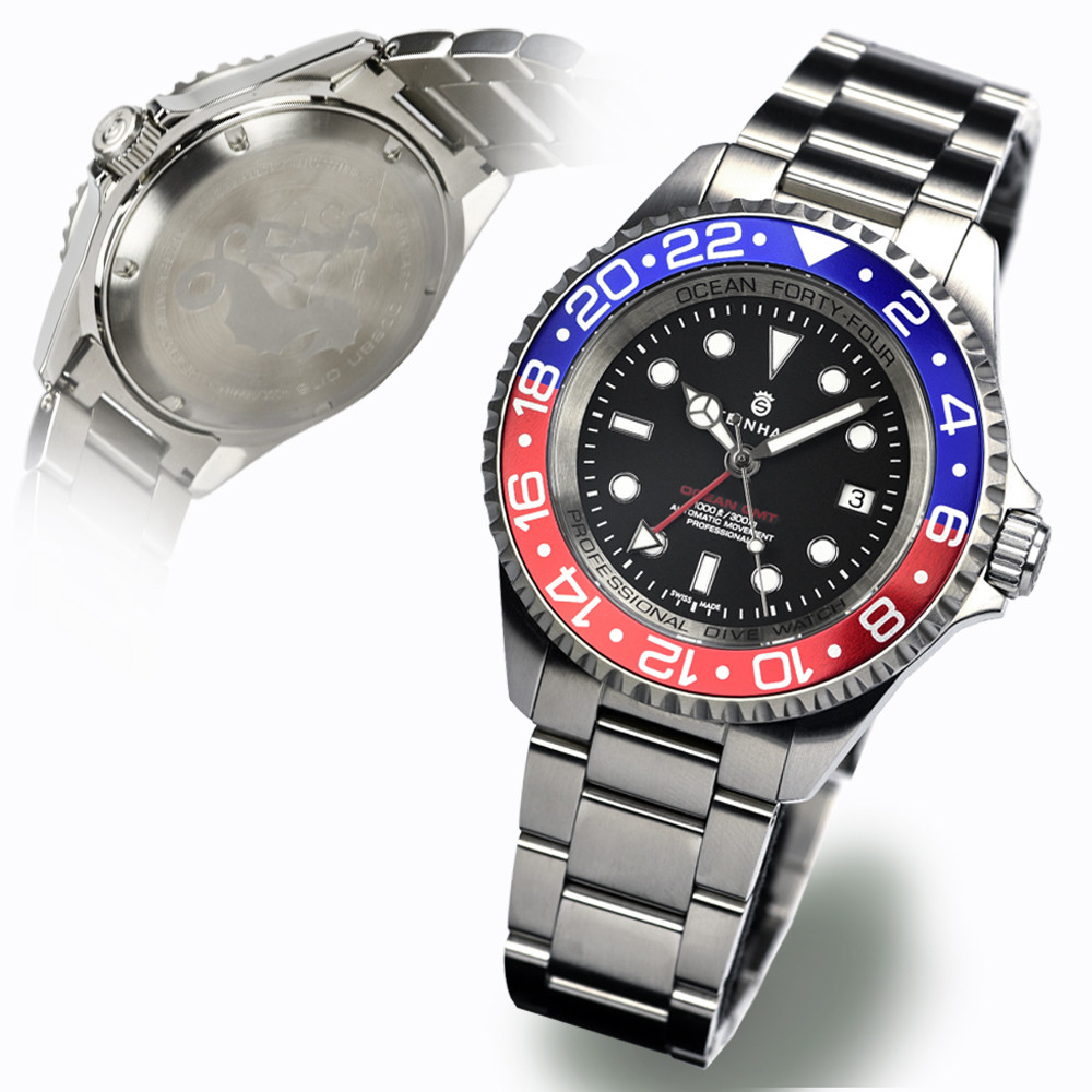 Steinhart Ocean 44 GMT Blue Red Men's Diver Swiss Watch 44mm 103-0656 - Click Image to Close