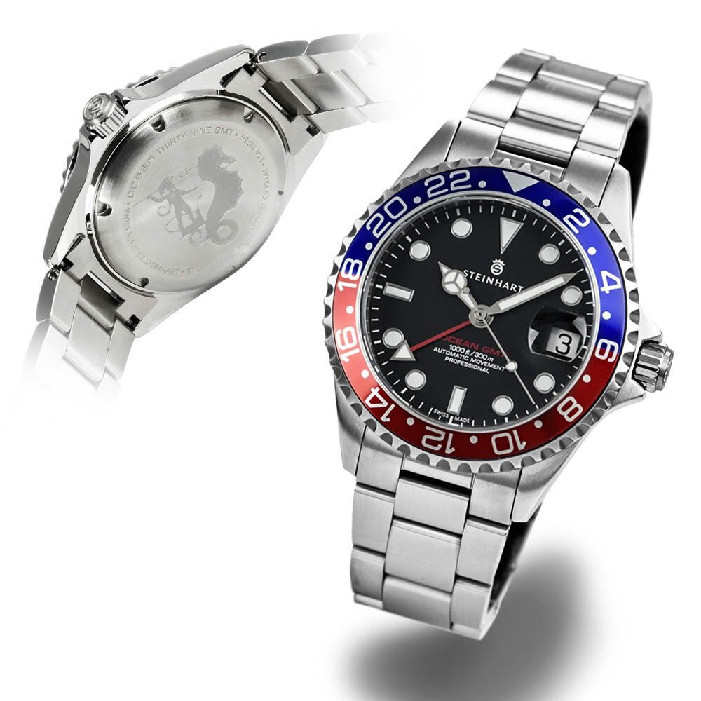 Steinhart Ocean 39 GMT BLUE-RED Men's Diver Watch Blue-Red Bezel/Black Dial 103-0848 - Click Image to Close