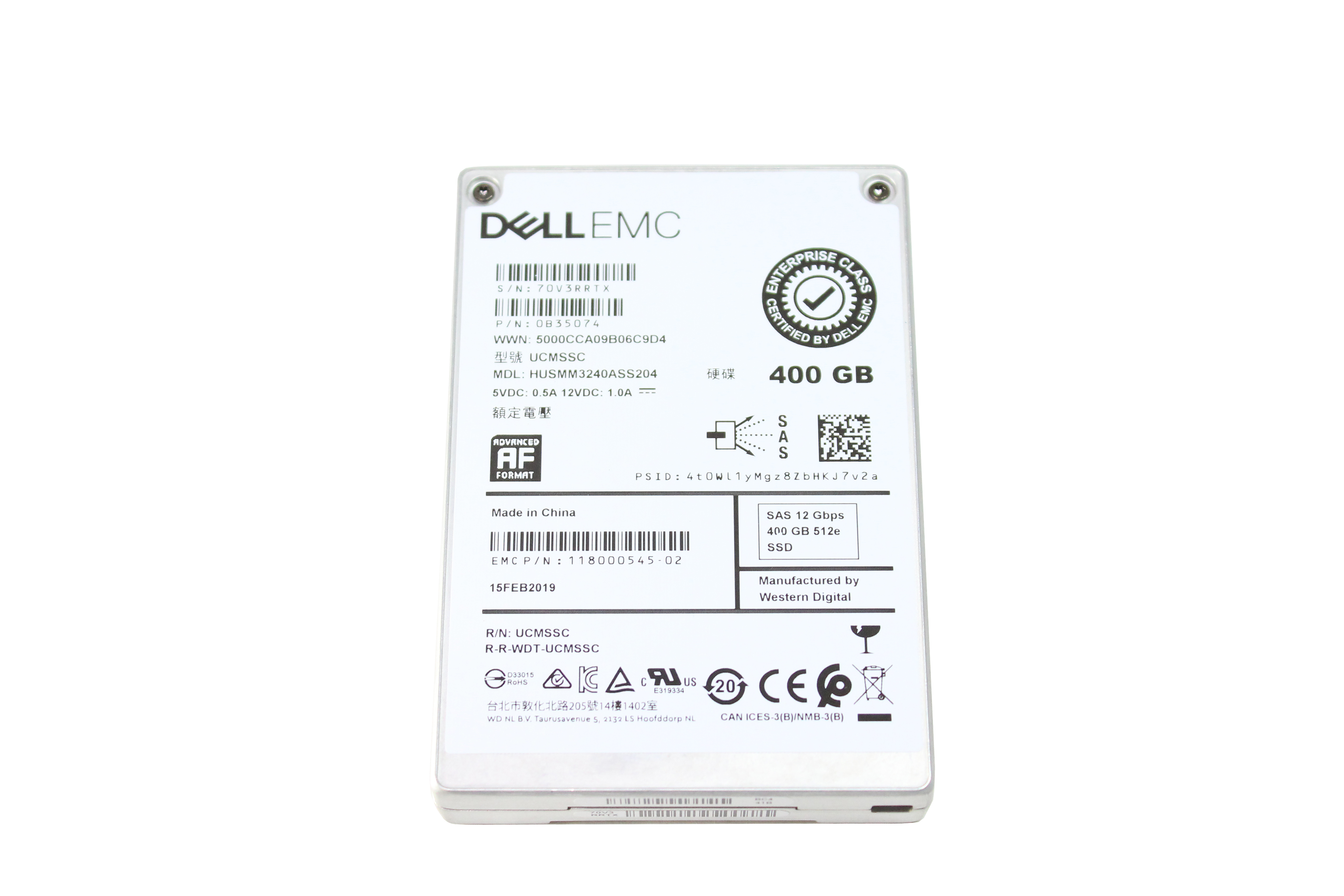 Dell EMC Hitachi 400Gb 512e HUSMM3240ASS204 Flash 12Gb/s SAS SSD 0B35074 EMC 118000545-02