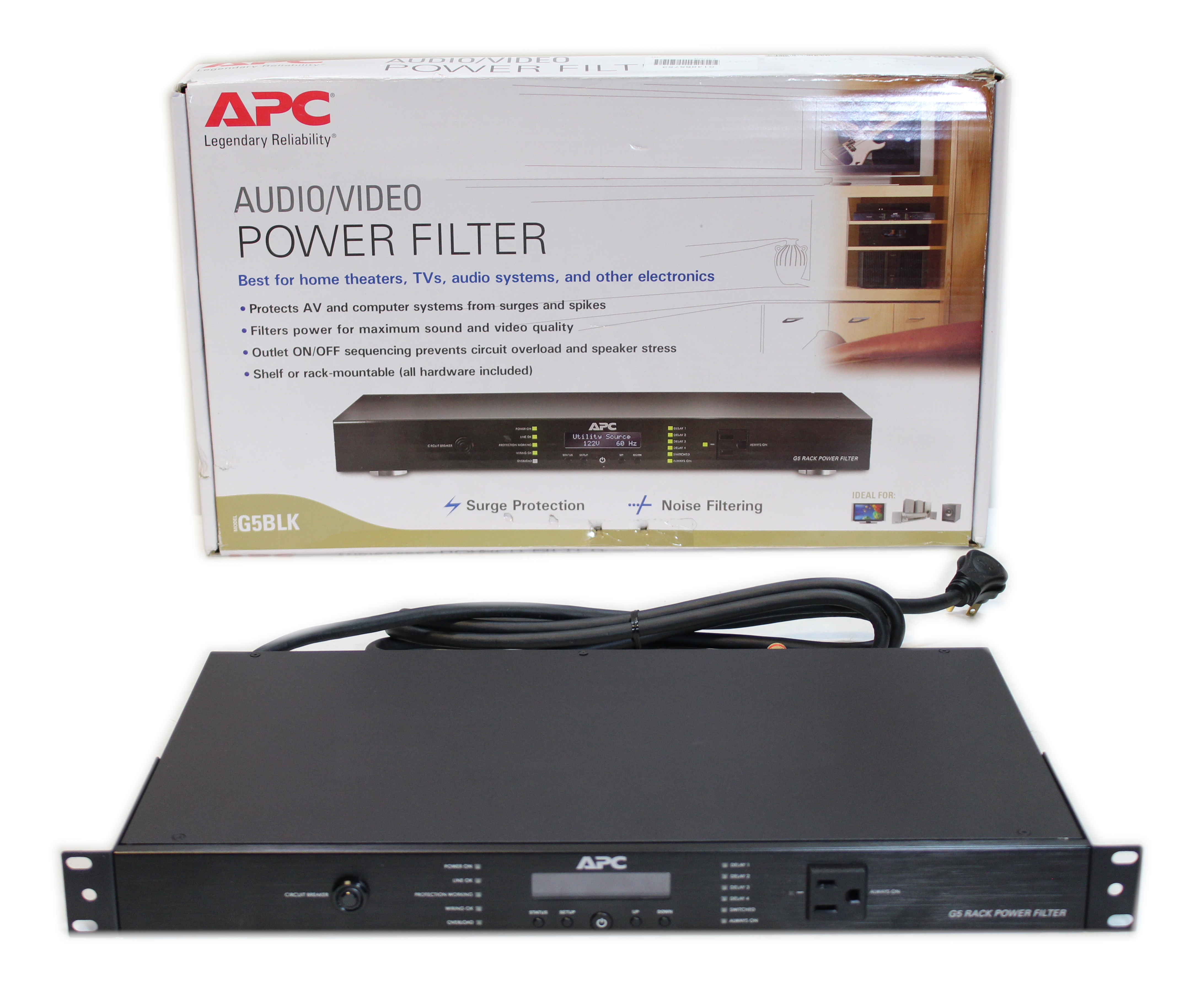 APC AV 15 Amp G Type Rack Power Filter 120V 9-Output NEMA 5-15R G5BLK