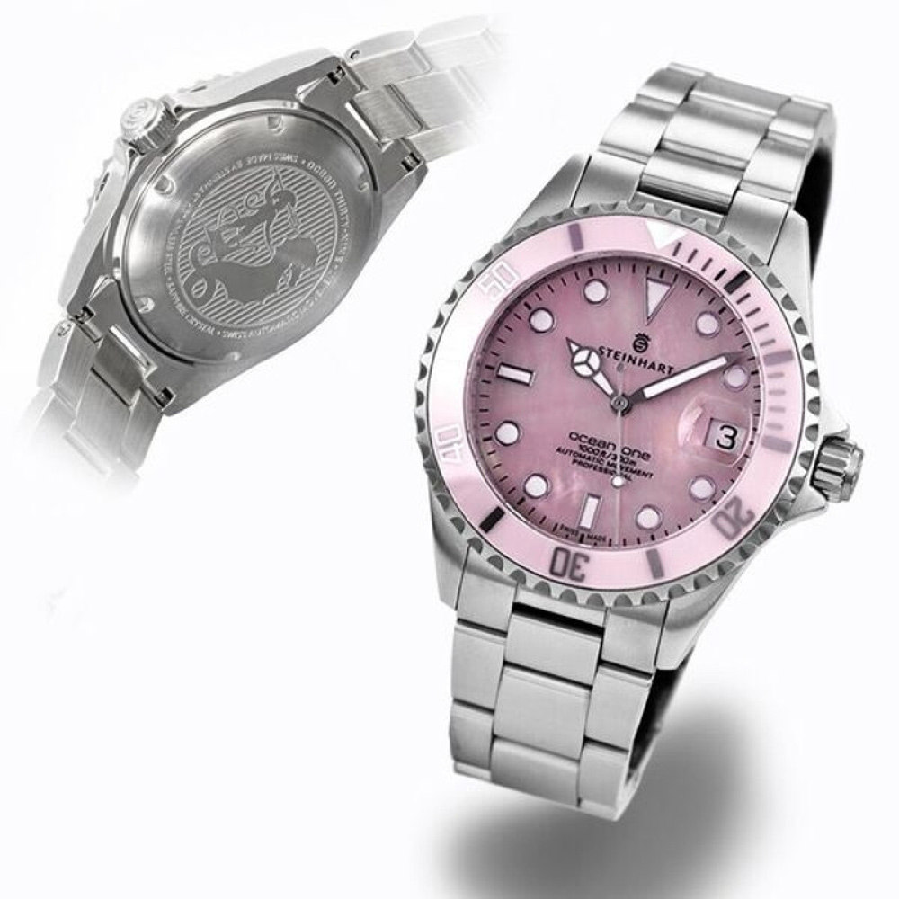 Steinhart Ocean One 39 Ladies Pink Pearl Ceramic Women's Diver Watch 39mm 103-0723 - Click Image to Close