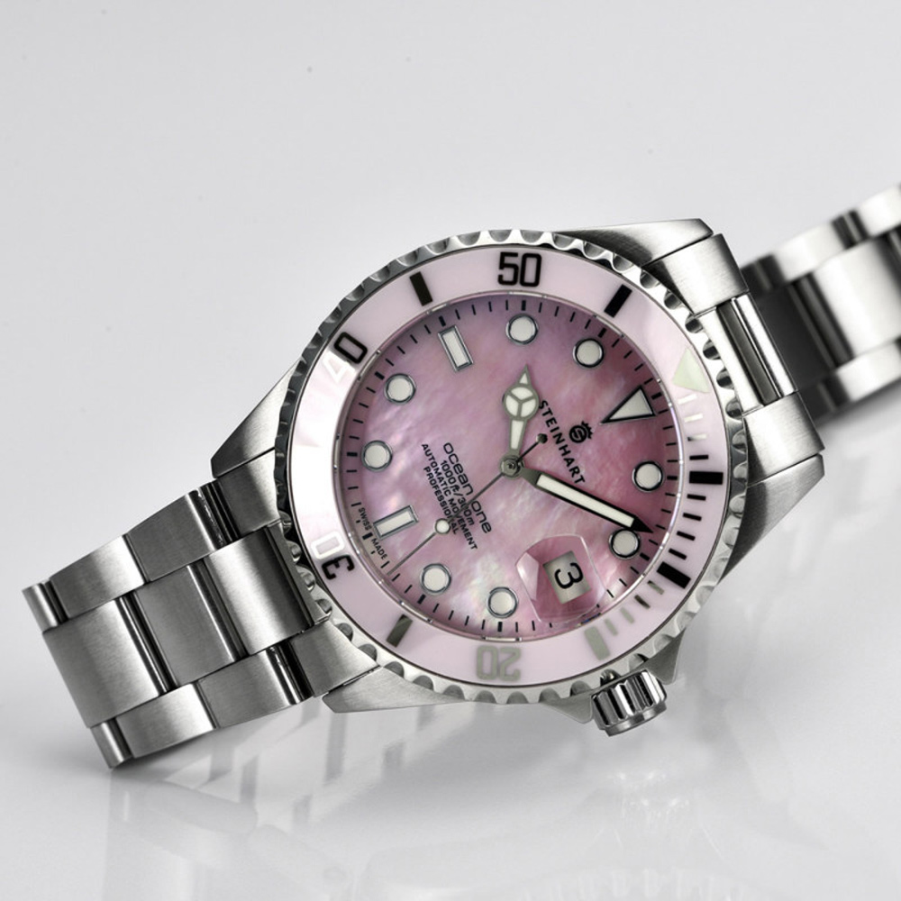 Steinhart Ocean One 39 Ladies Pink Pearl Ceramic Women's Diver Watch 39mm 103-0723 - Click Image to Close