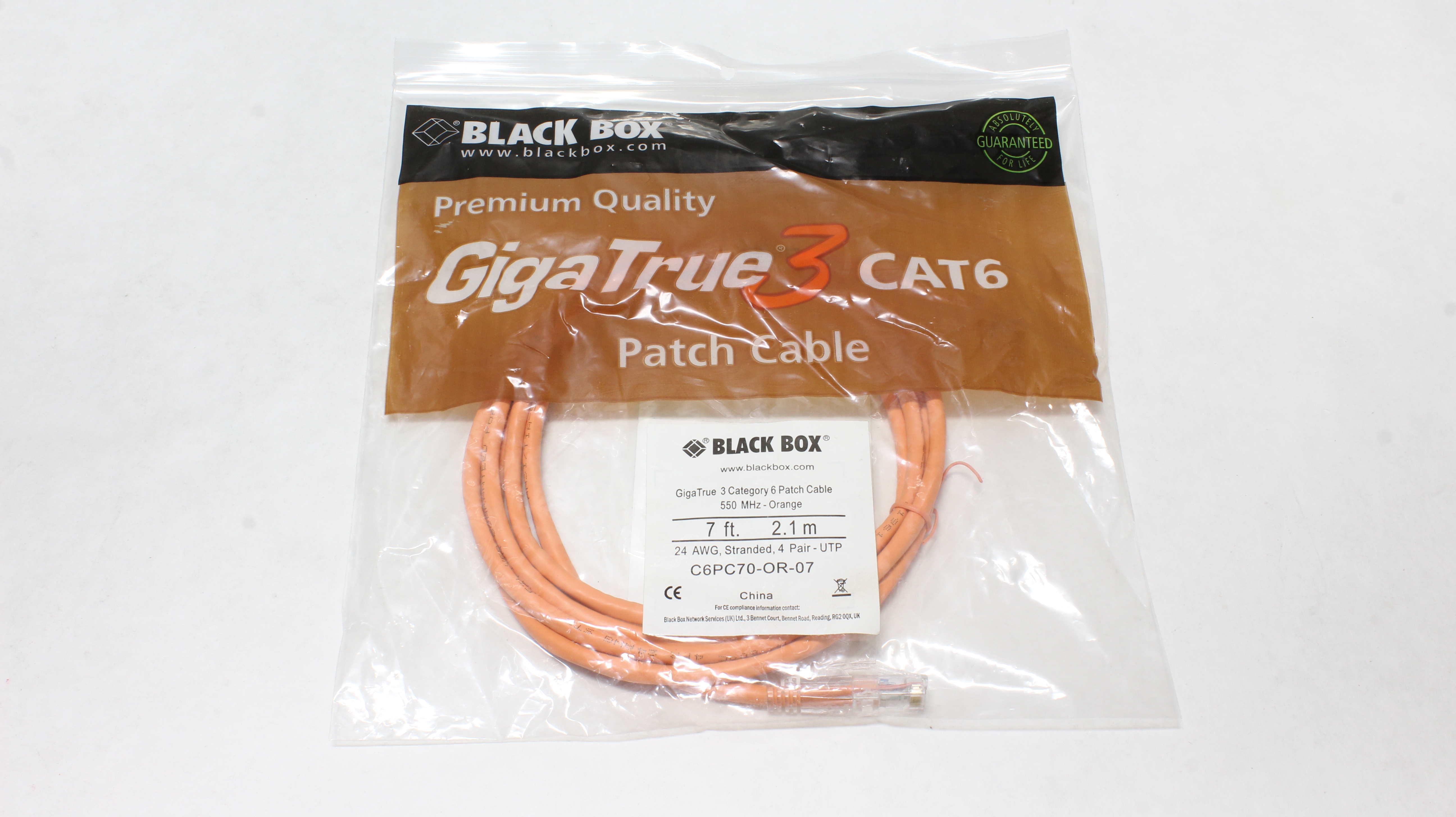 Black Box 7ft/2.1m Gigatrue 3 CAT6 Patch LAN Network Cable Orange C6PC70-OR-07