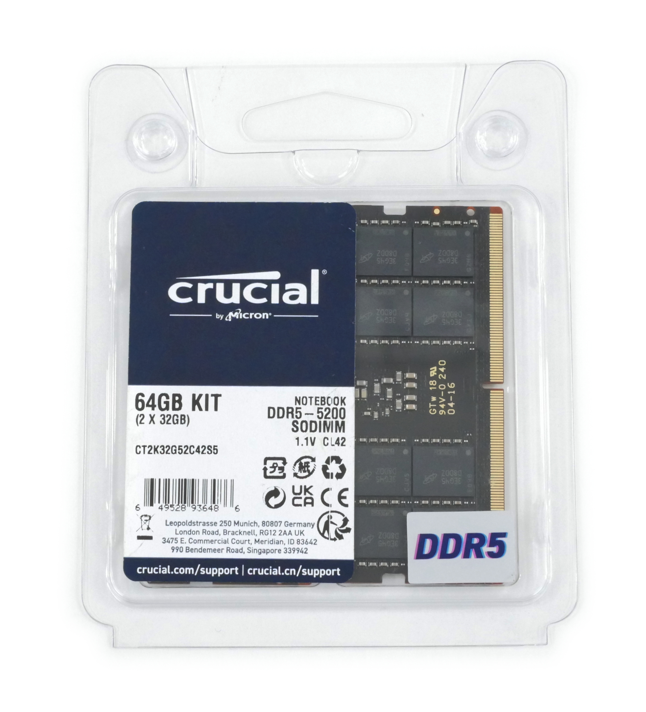 Crucial 64GB (2x32GB) DDR5-5200 PC5-41600 CL42 SO-DIMM Memory Kit CT2K32G52C42S5