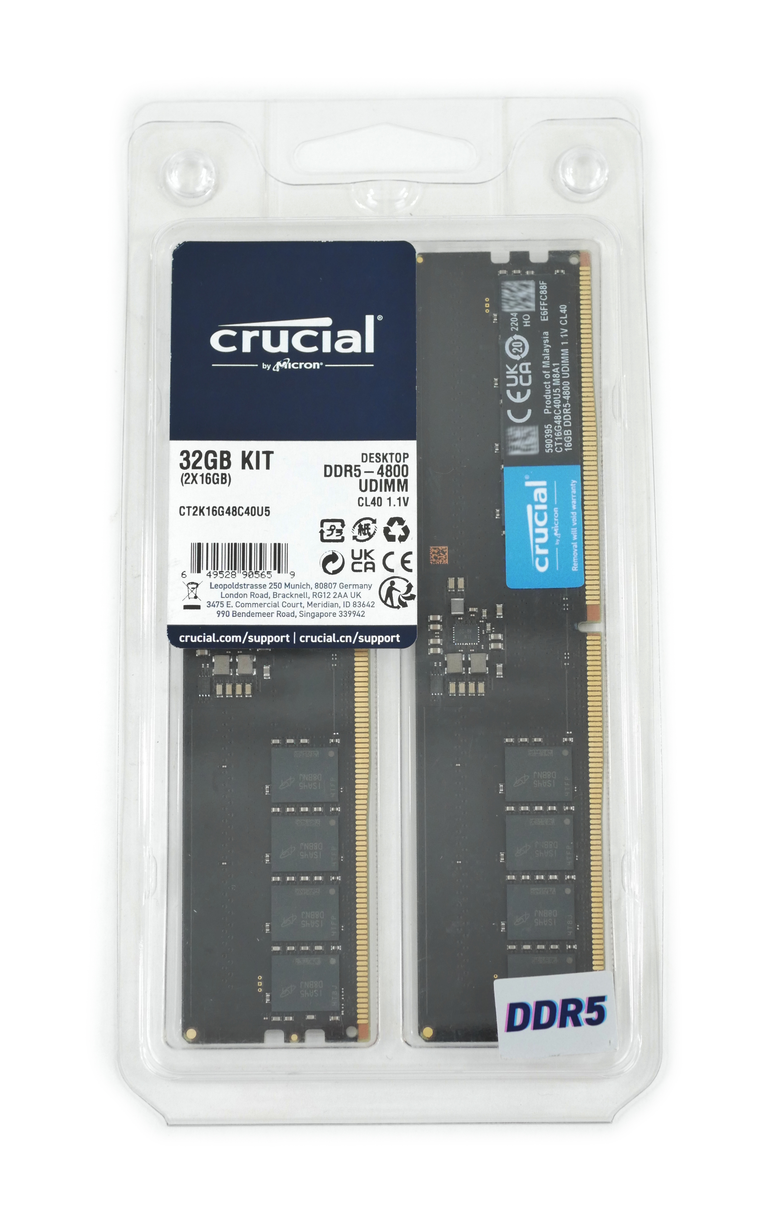 Crucial 32GB 2x16GB DDR5-4800 Udimm Memory RAM UDIMM 288Pin CT2K16G48C40U5