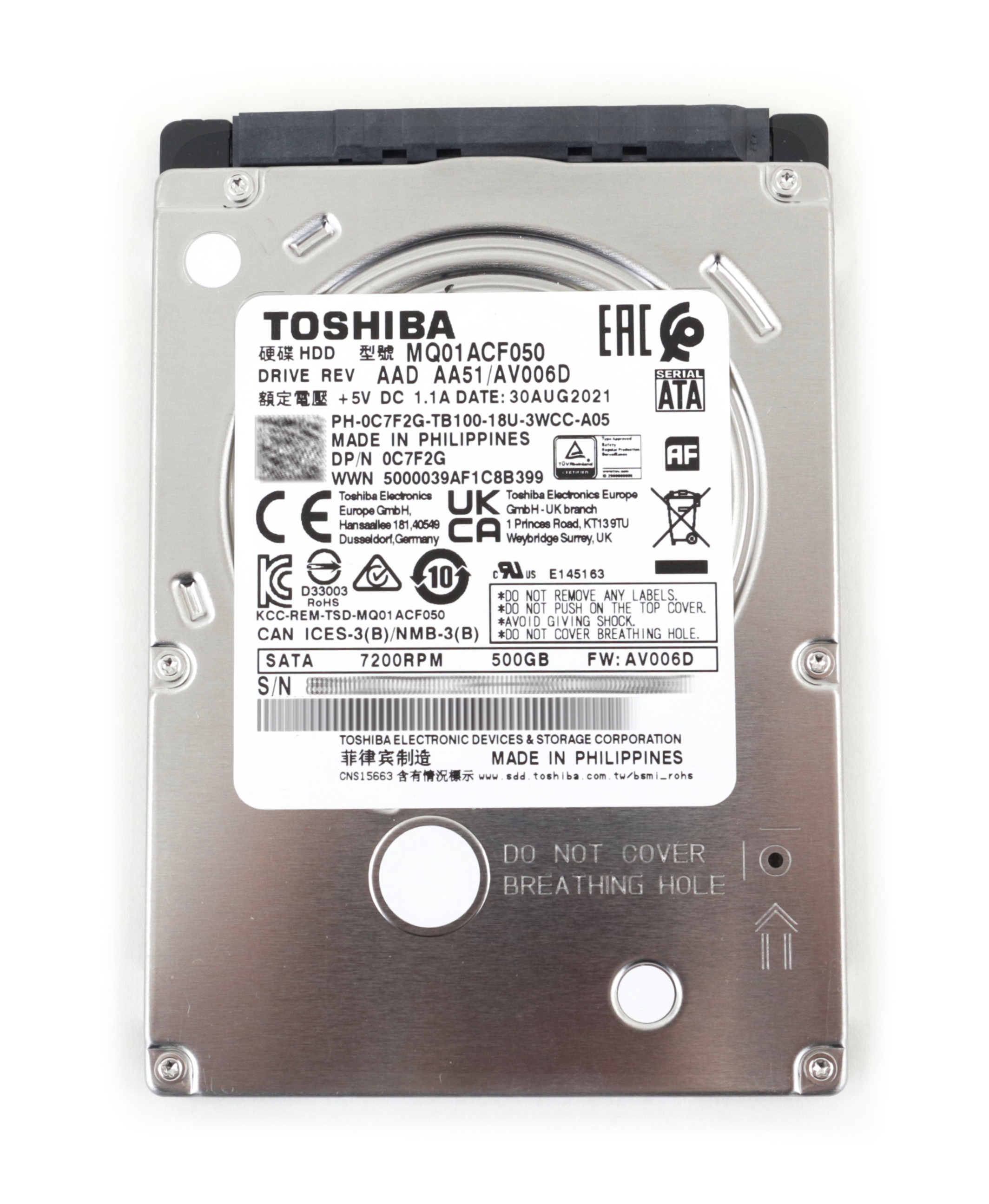 Dell Toshiba Mobile Thin 500GB MQ01ACF050 7.2K RPM SATA 6Gbps 16MB 2.5" C7F2G