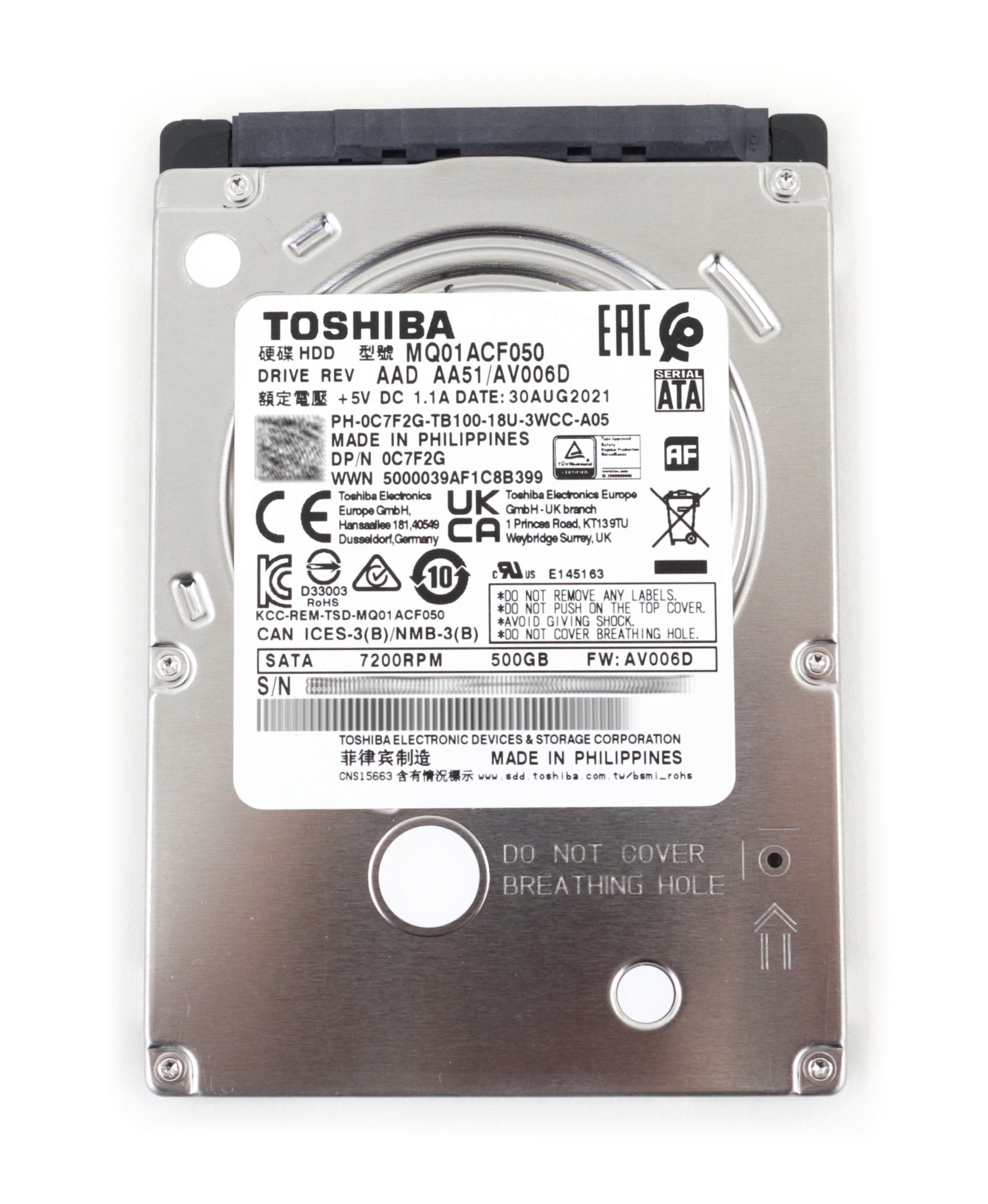 Dell Toshiba Mobile Thin 500GB MQ01ACF050 7.2K RPM SATA 6Gbps 16MB 2.5" C7F2G - Click Image to Close