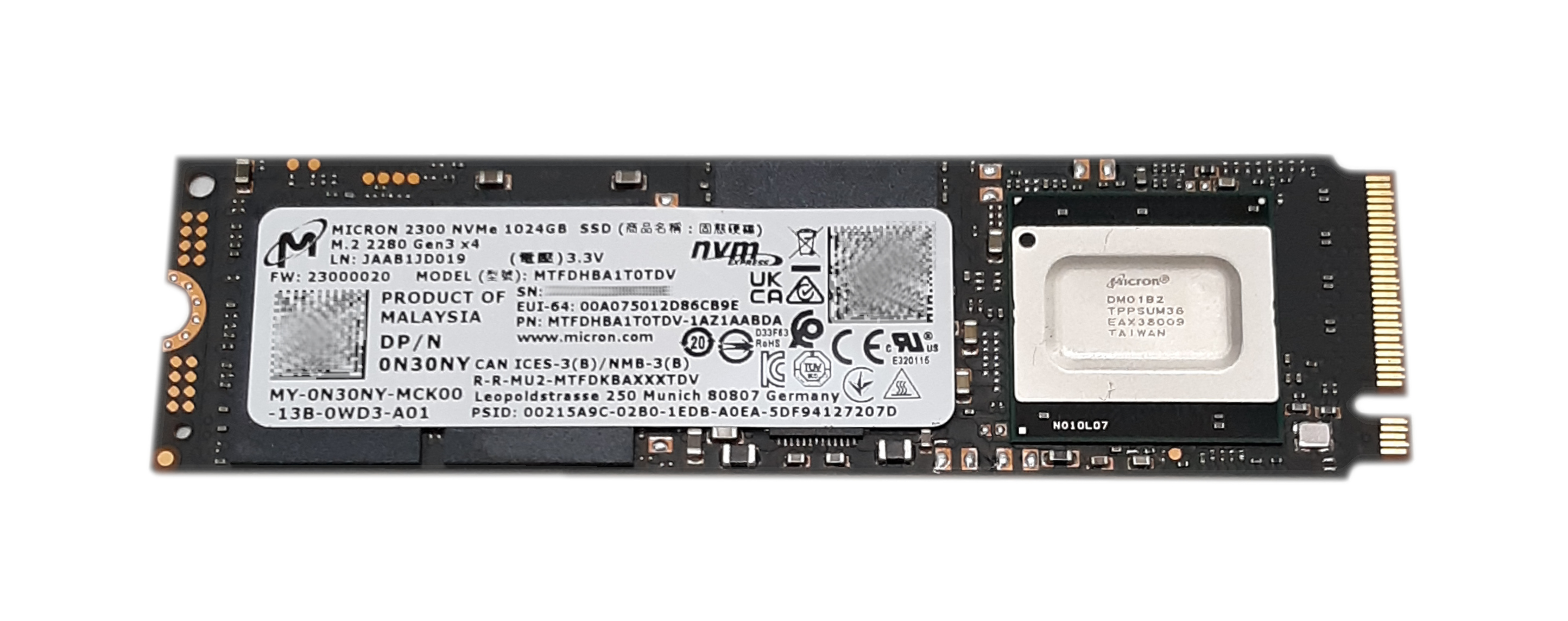 Dell Micron 2300 1TB MTFDHBA1T0TDV NVMe SSD M.2 2280 Gen 3x4 TLC PCIe N30NY