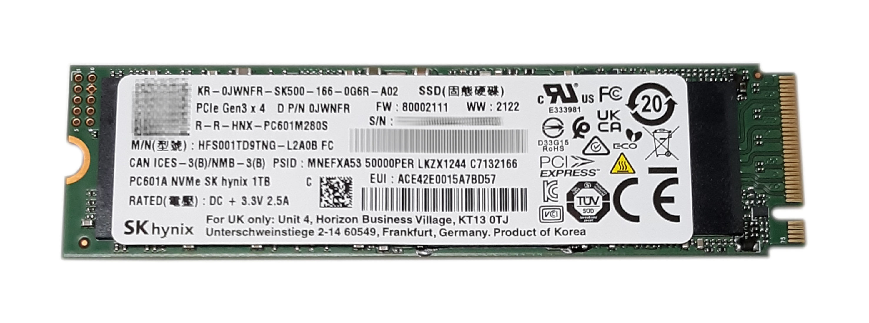 Dell HyniX 1TB PC601A HFS01TD9TNG-L2A0B SSD M.2 NVMe Drive PCIe x4 Gen3 JWNFR