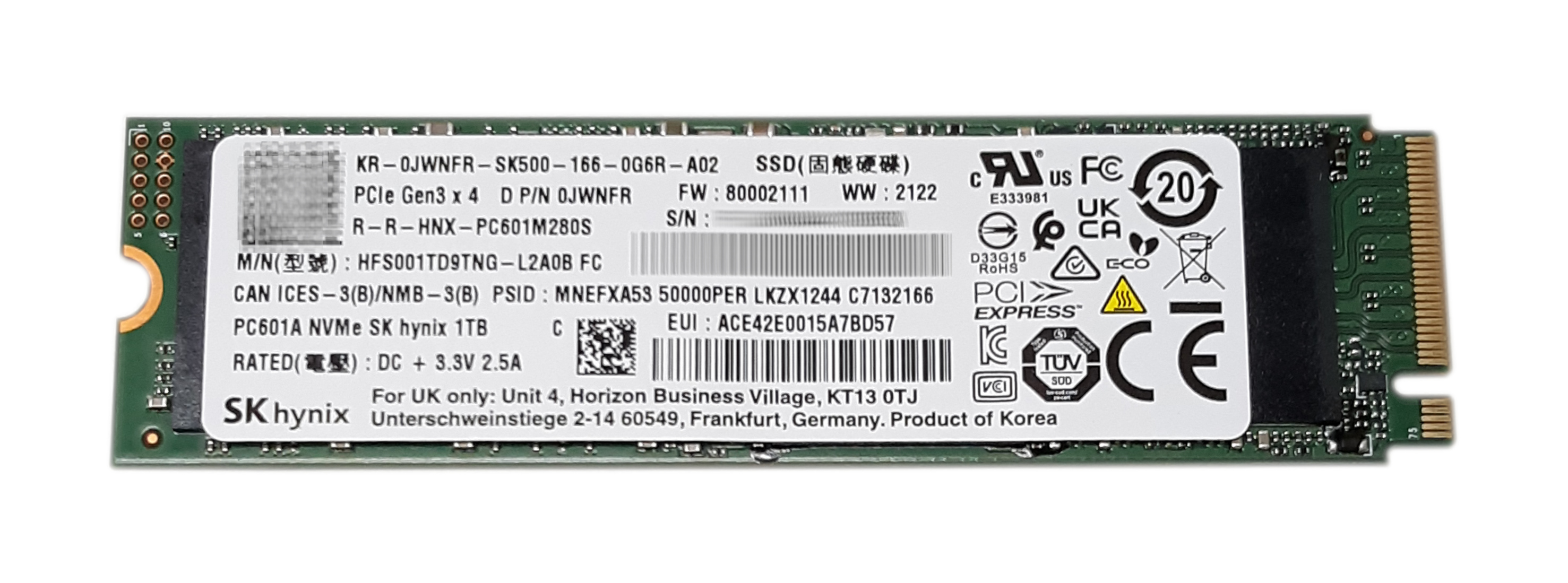 Dell HyniX 1TB PC601A HFS01TD9TNG-L2A0B SSD M.2 NVMe Drive PCIe x4 Gen3 JWNFR - Click Image to Close