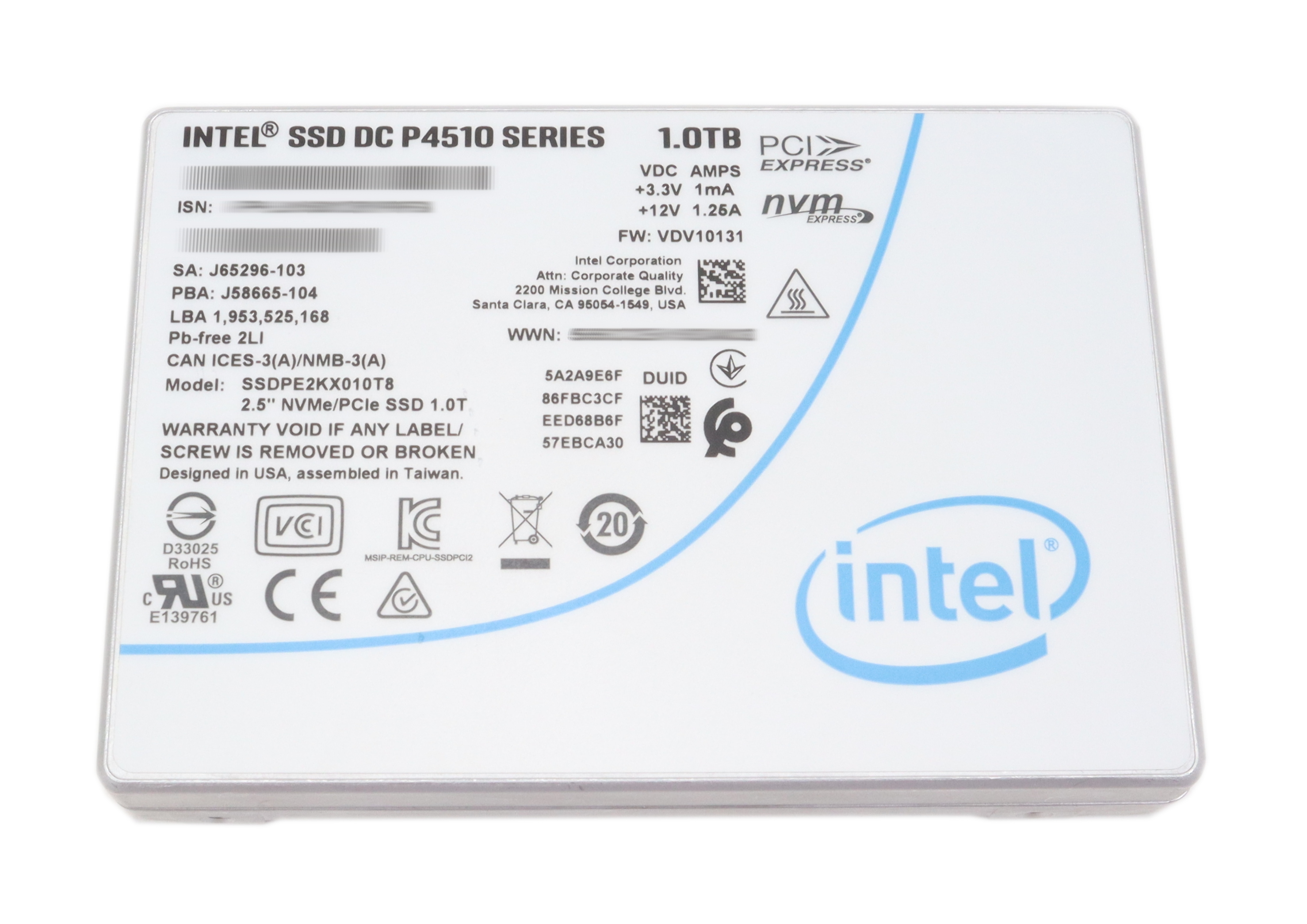 Intel SSD DC P4510 1TB SSDPE2KX010T8 2.5 NVMe PCIe 3.1 x4 U.2 