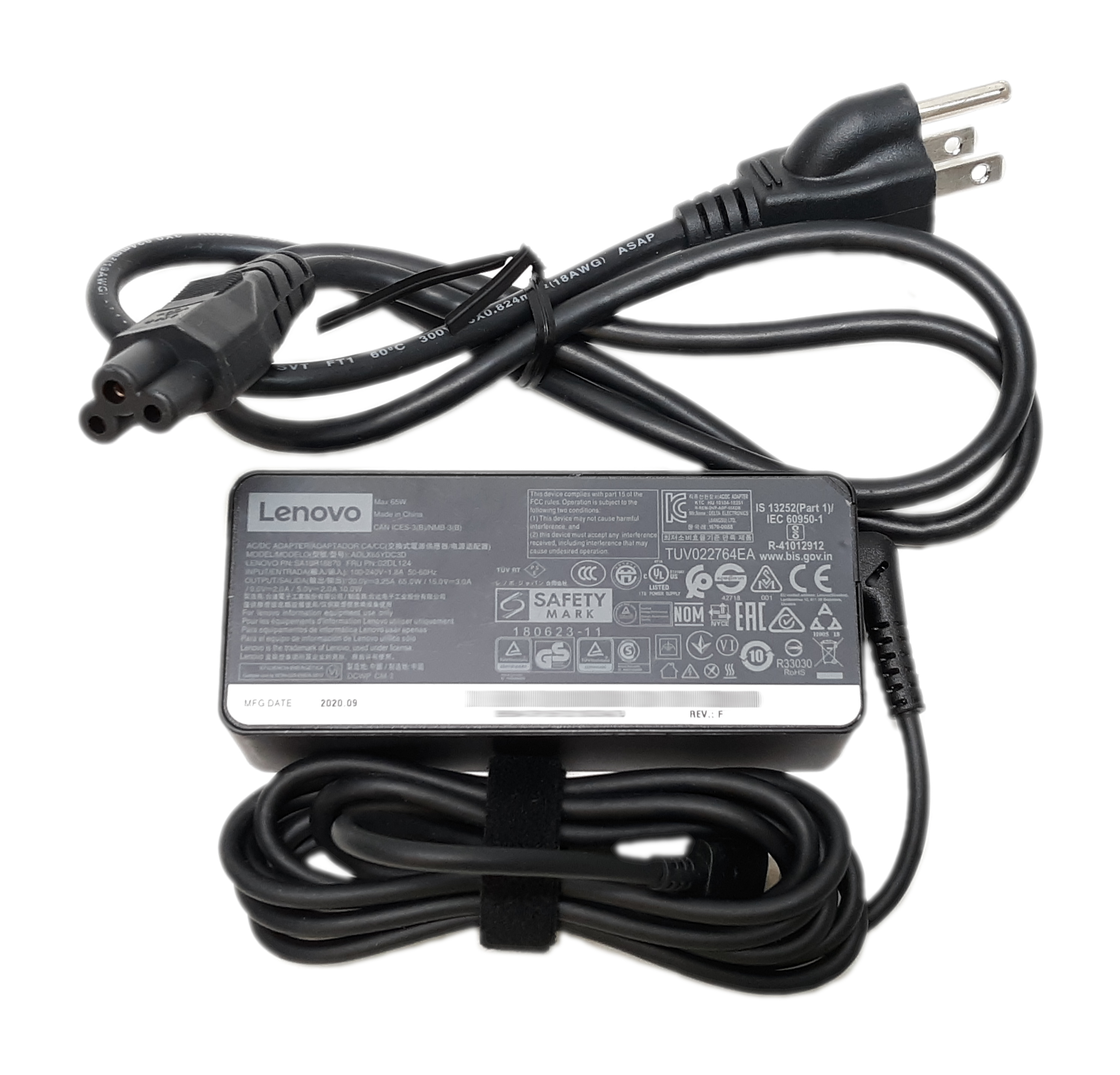 Lenovo AC Power Adapter ADLX65YLC3D 65W USB-C Input: 100-240V 1.8A Output: 5/9V 2A, 15V 3A, 20V-3.25A 02DL128