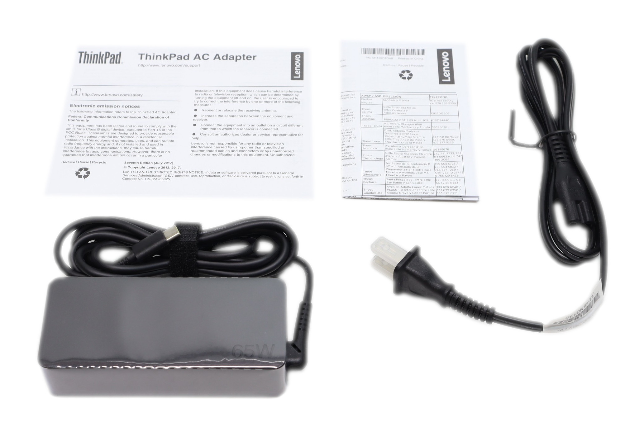 Lenovo AC Power Adapter ADLX65YCC2A USB-C 65W 100-240V 20V-3.25A 01FR027 - Click Image to Close