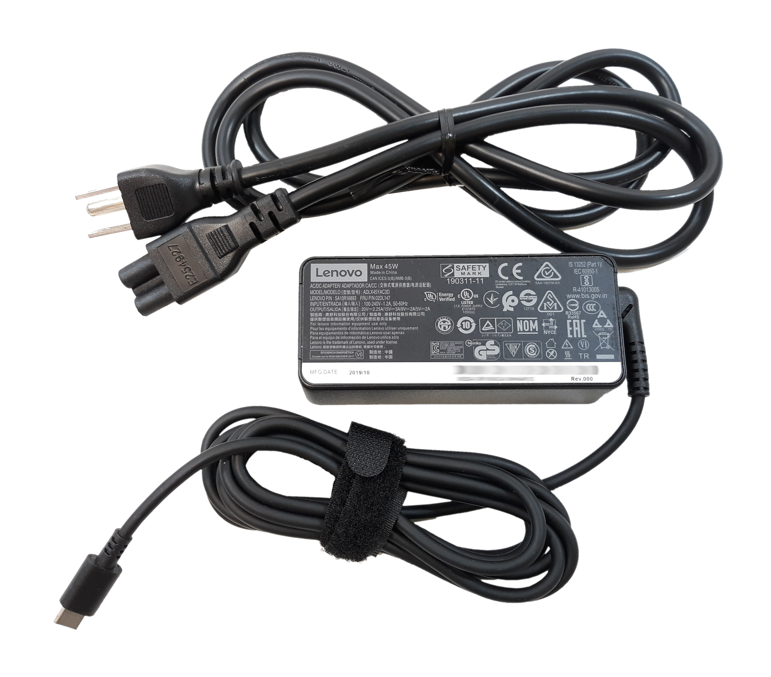 Lenovo ADLX45YAC3D USB-C Power Adapter 20V-2.25A Max 45W SA10R16893 02DL147