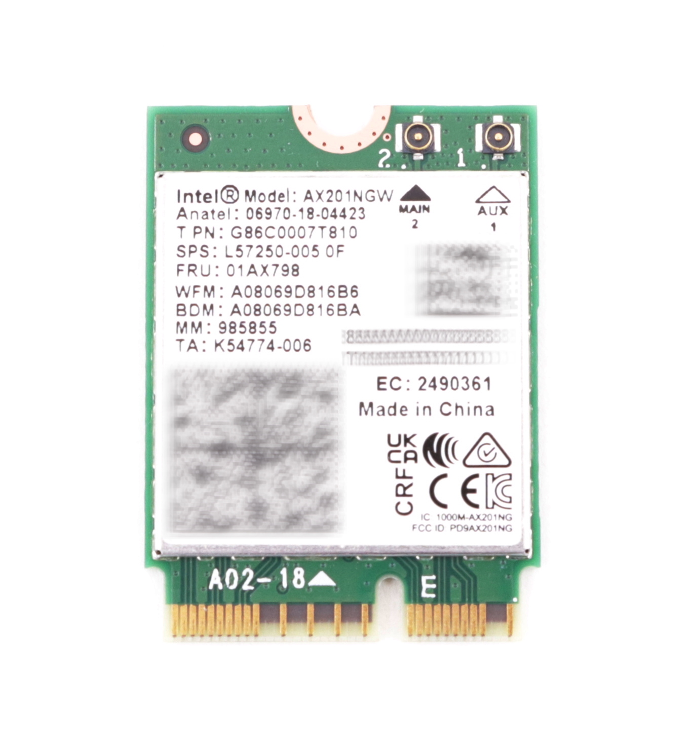 Lenovo Intel AX201NGW Wi-Fi 6.0 BlueTooth Network Card G86C0007T810 L57250-005