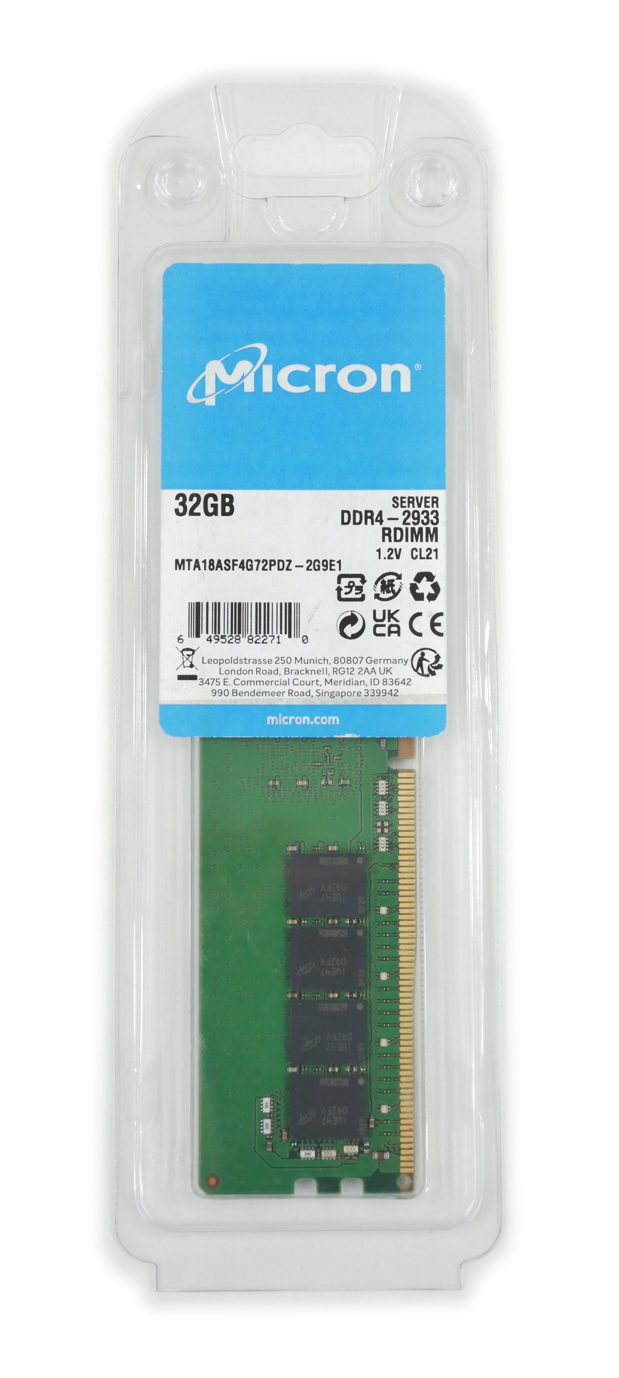 Micron 32GB MTA18ASF4G72PDZ-2G9E1 DDR4 PC4-2933Y DIMM 288pin ECC Reg 1.2C Server