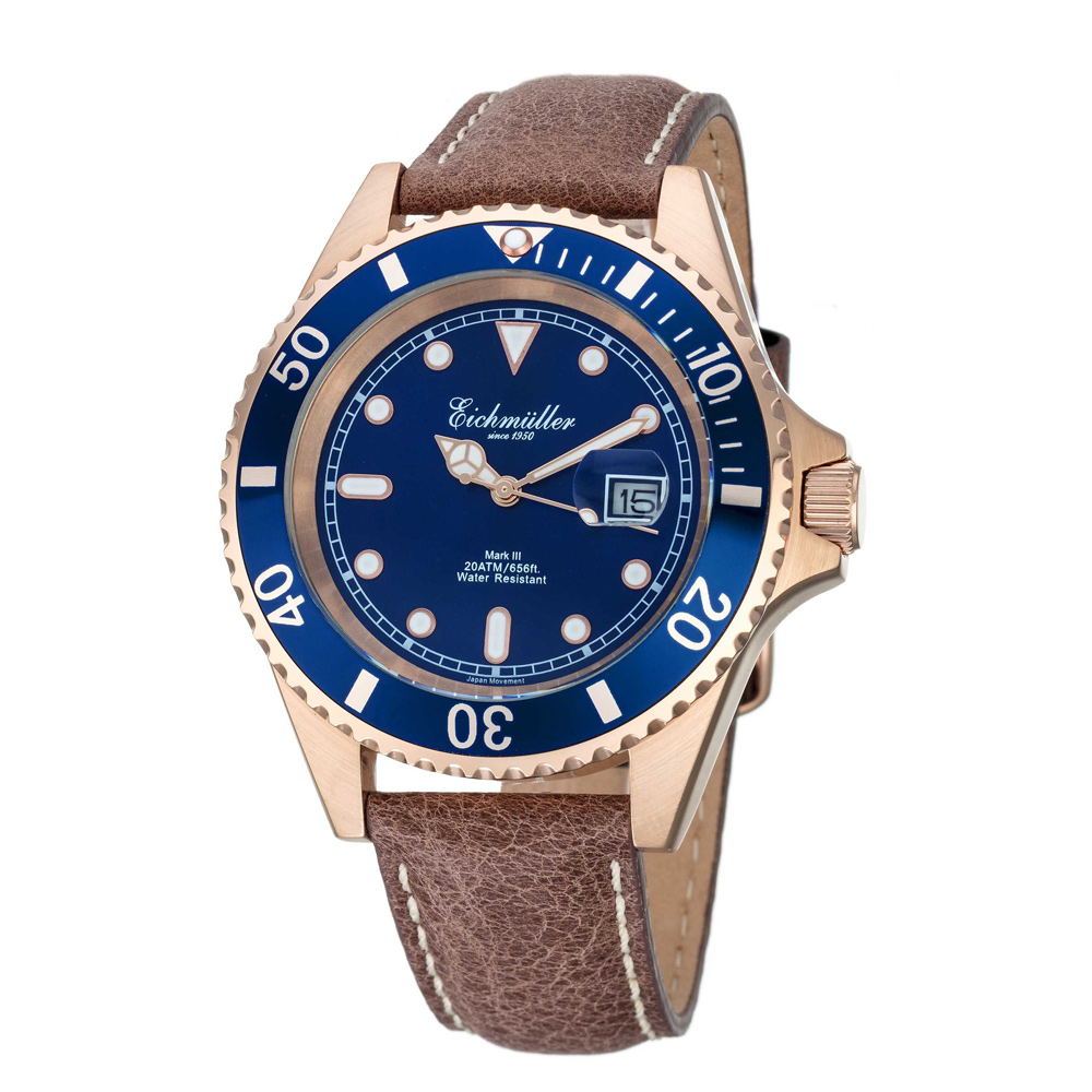 Eichmuller German Diver Men's Watch Leather Strap 20 ATM Blue Dial 43mm 3462-03 - Click Image to Close