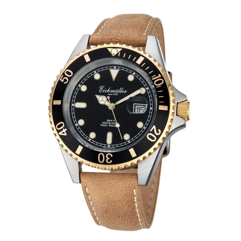 Eichmuller German Diver Men's Watch Leather Strap 20 ATM Black Dial 43mm 3462-04