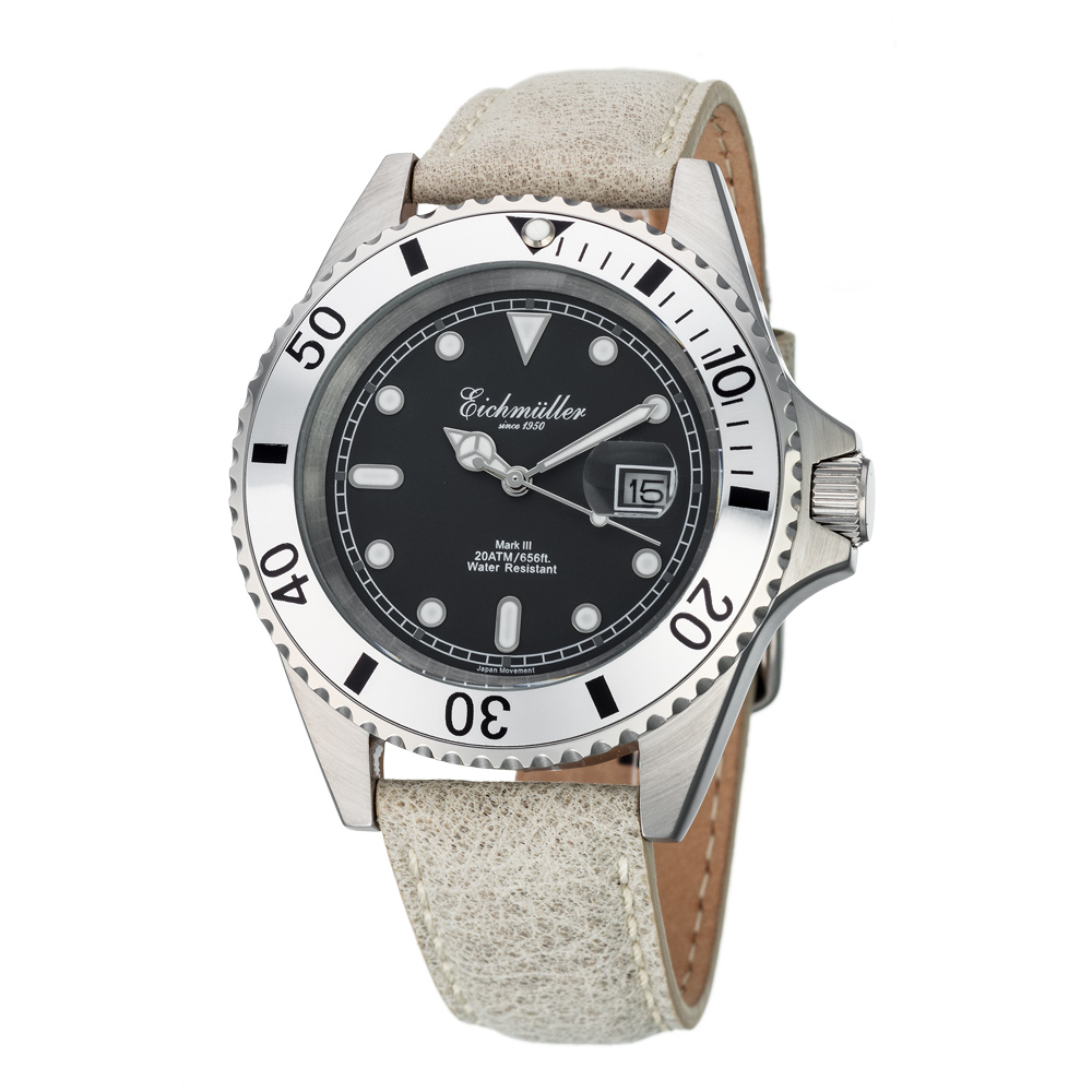 Eichmuller German Diver Men's Watch Leather Strap 20 ATM Black Dial 43mm 3462-06
