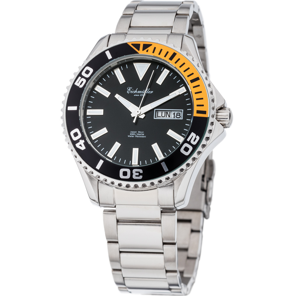 Eichmuller German Diver Men's Watch Stainless Steel Strap 20 ATM Black/Orange Dial 41mm 3470-01 - Click Image to Close