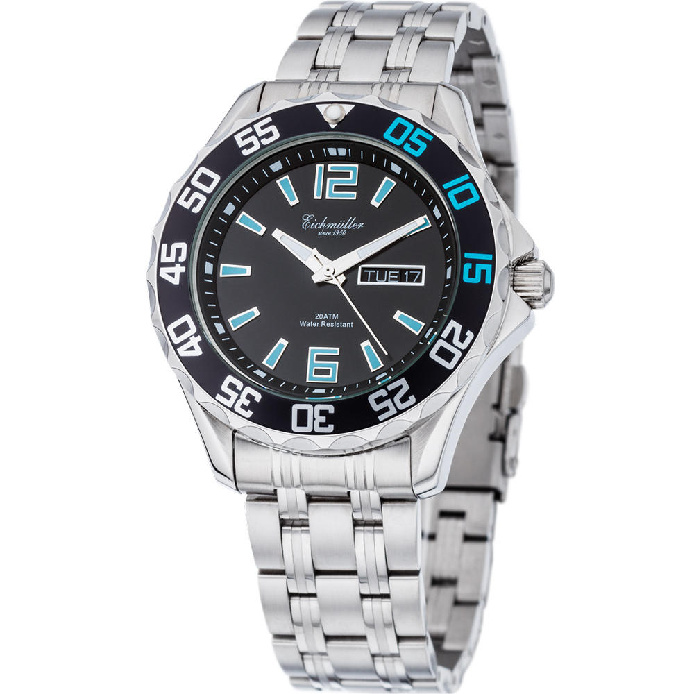 Eichmuller German Diver Men's Watch Stainless Steel Strap 20 ATM Black/Blue Dial 41mm 3480-08 - Click Image to Close