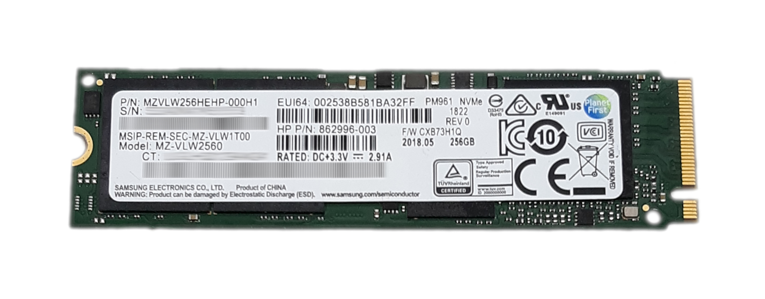 HP Samsung 256Gb SSD M.2 PM961 NVMe MZ-VLM2560 PCIe MZVLW256HEHP-000H1 862996-003 907579-001