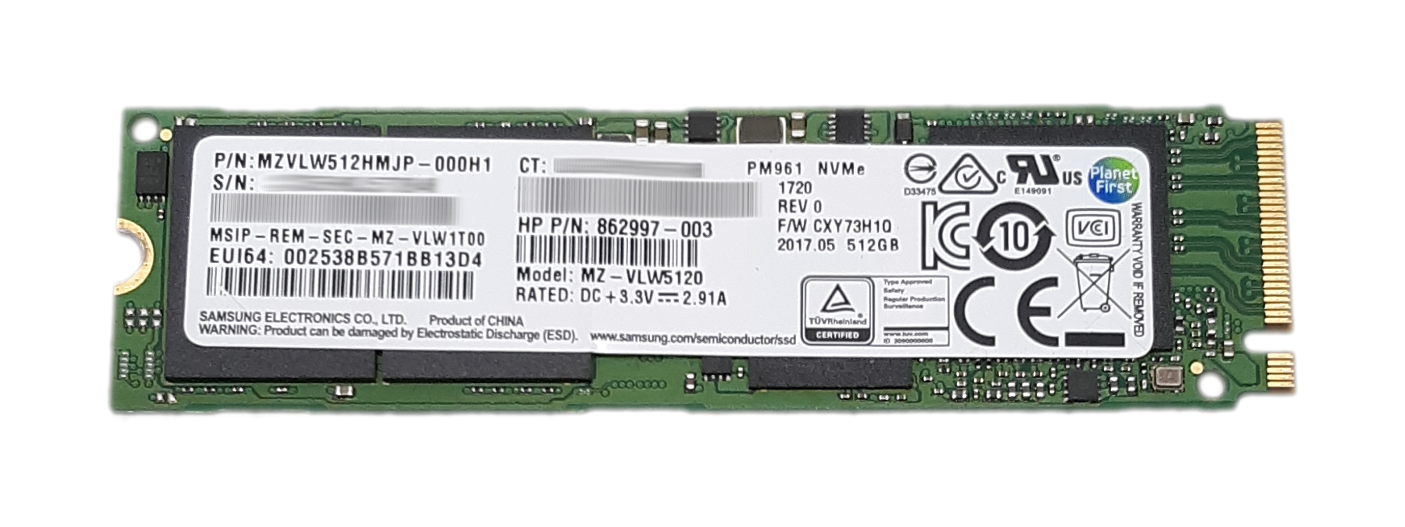 HP Samsung 512GB SSD M.2 PM961 NVMe MZVLW512HMJP PCIe MZVLW512HMJP-000H1 862997-003