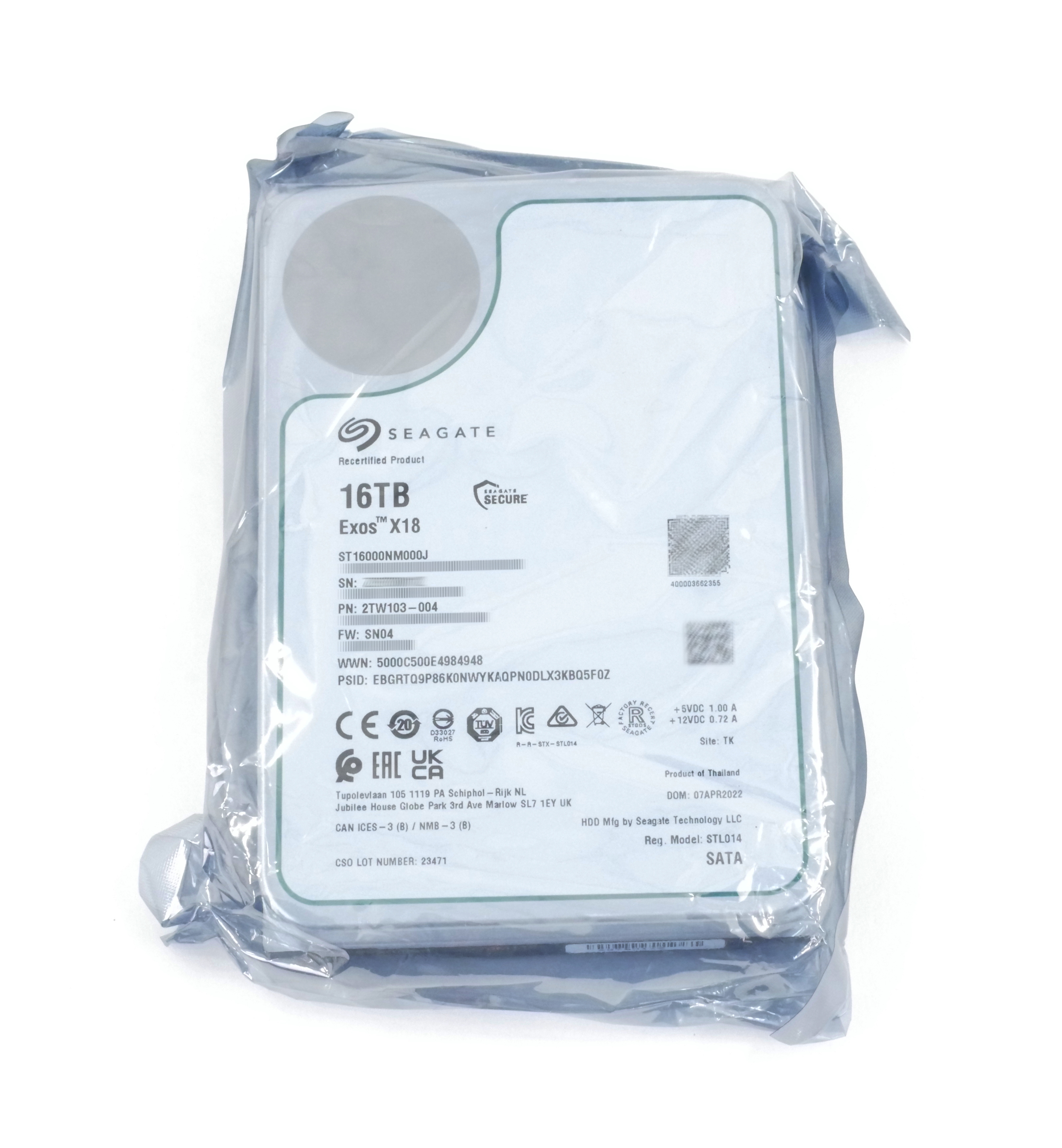 Seagate Exos X18 Enterprise 16TB ST16000NM000J 7.2K RPM SATA 3.5" 2TW103-004 - Click Image to Close