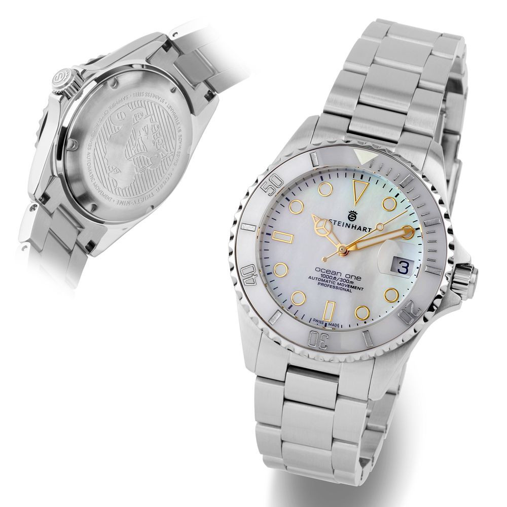 Steinhart Ocean One 39 Ladies White Pearl Ceramic Women's Diver Watch 39mm 103-1084