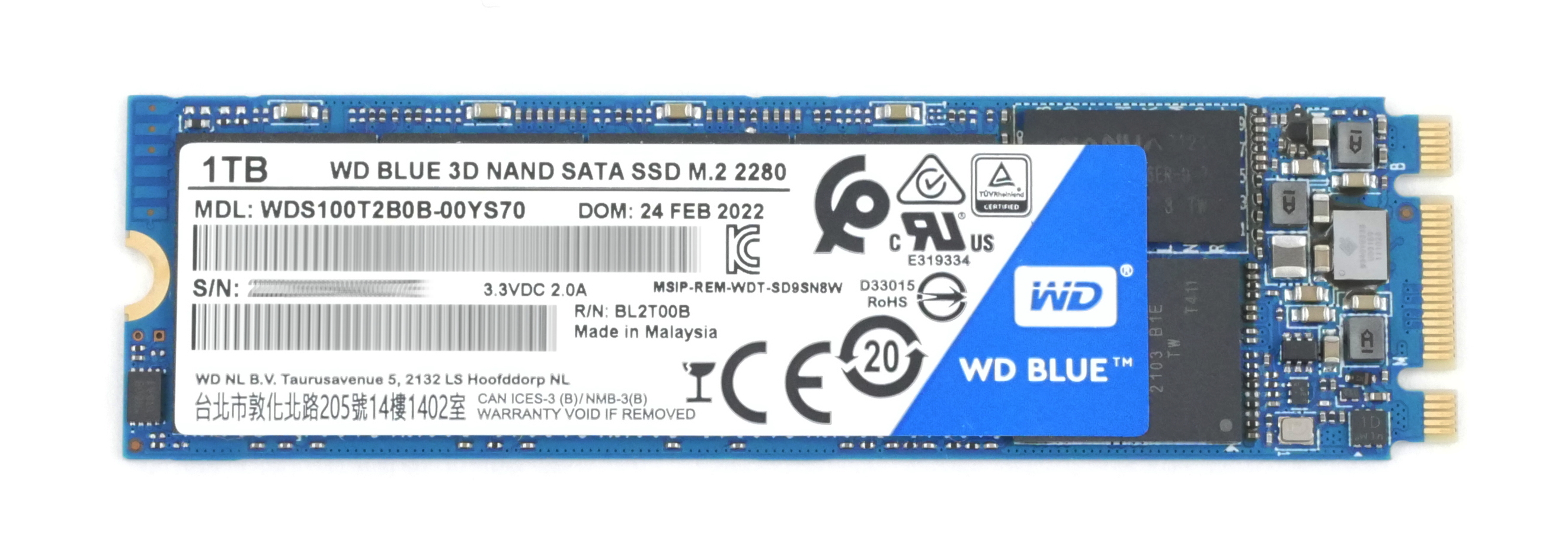 Western Digital Blue 3D NAND 1TB WDS100T2B0B-00YS70 SSD M.2 SATA 2280 - Click Image to Close