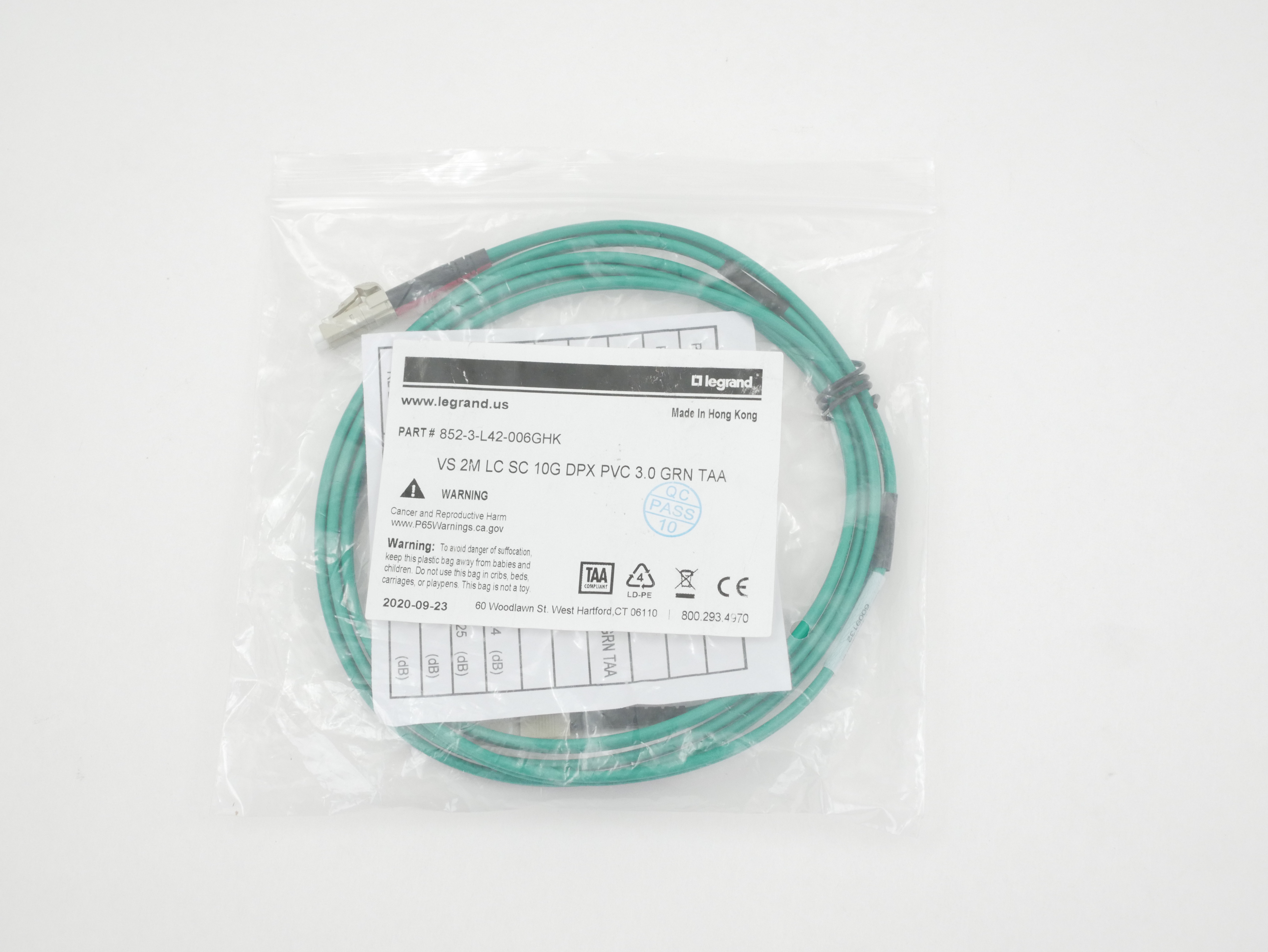 Legrand Fiber Jumper Cable VS 2m LC SC 10G Dpx PVC 3.0 Gpn TAA 852-3-L42-006GHK