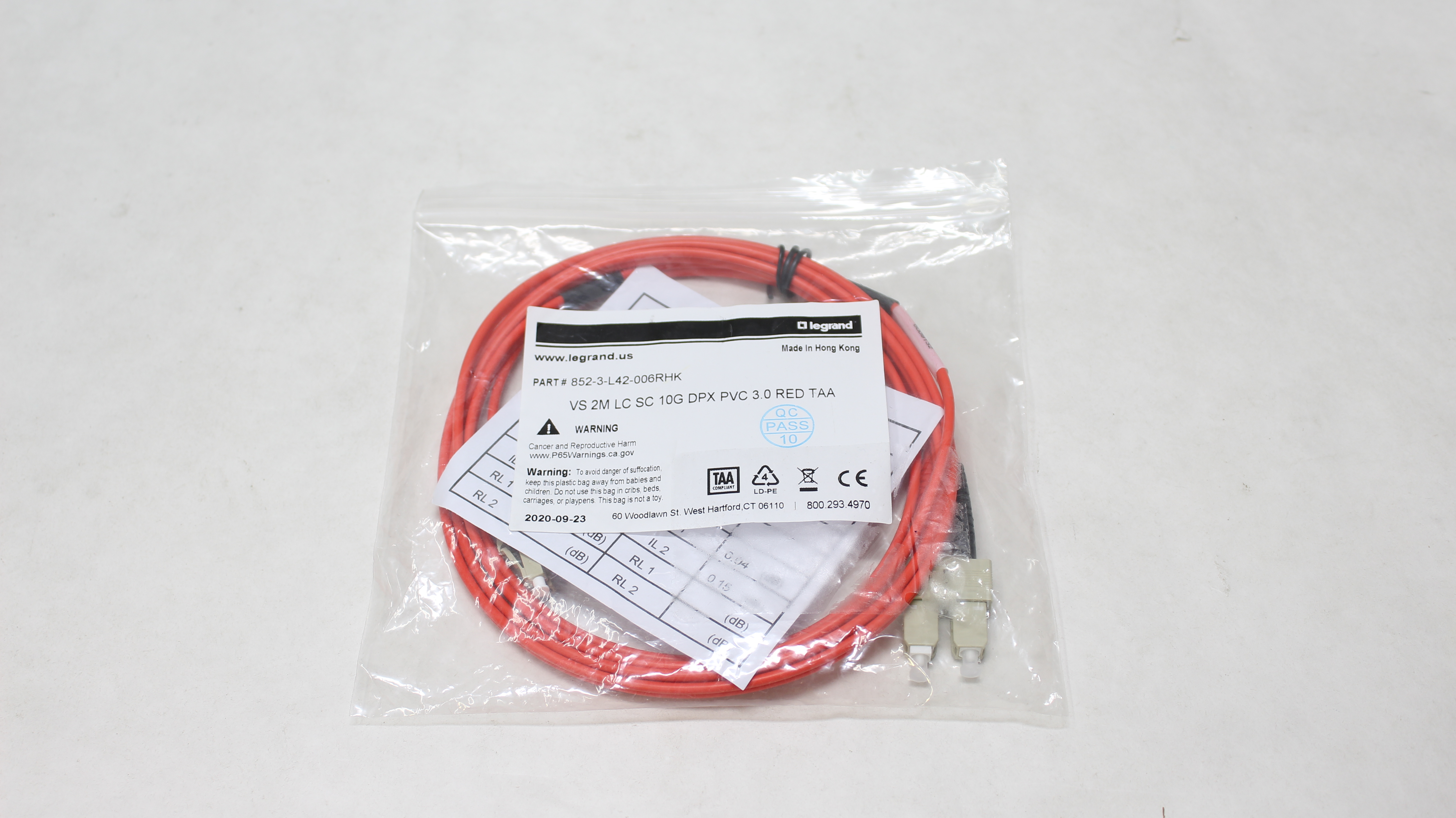 Legrand Fiber Jumper Cable VS 2m LC SC 10G Dpx PVC 3.0 Gpn TAA 852-3-L42-006RHK