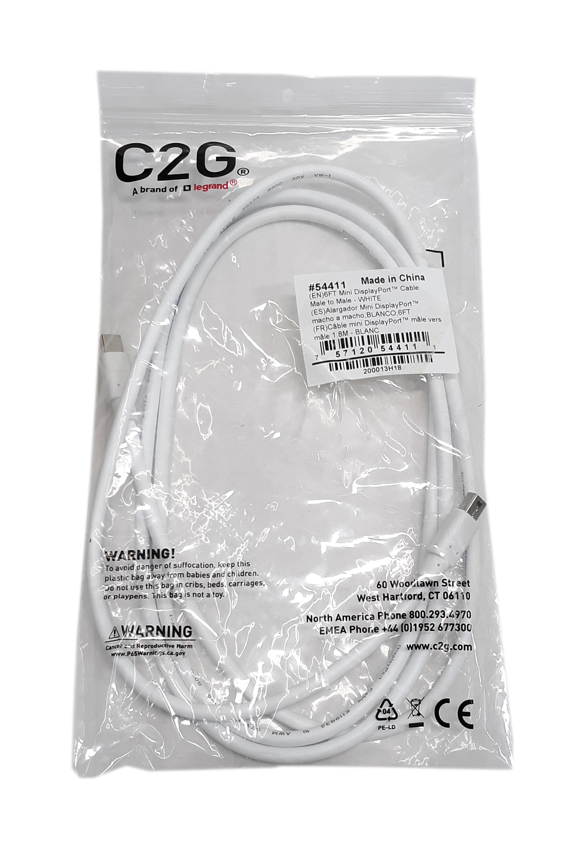 C2G Mini DisplayPort Cable Male to Male miniDP to miniDP DP 1.2 White 54411