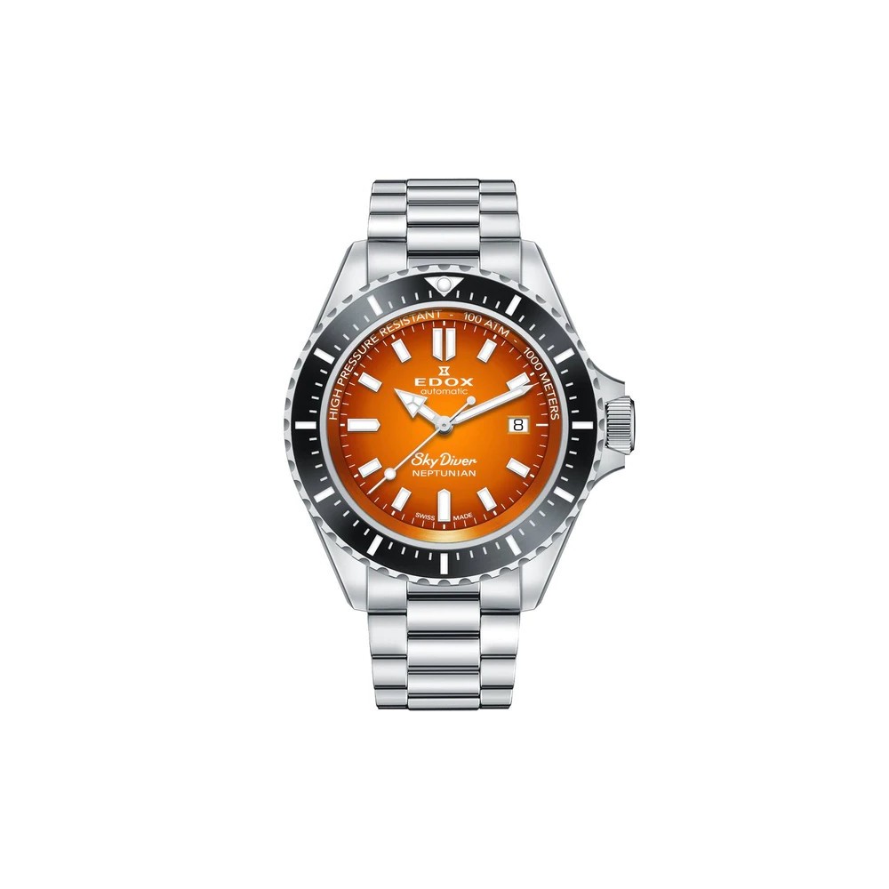 Edox SkyDiver Neptunian 44mm WR 100ATM Bezel Black Dial Orange 80120-3NM-ODN