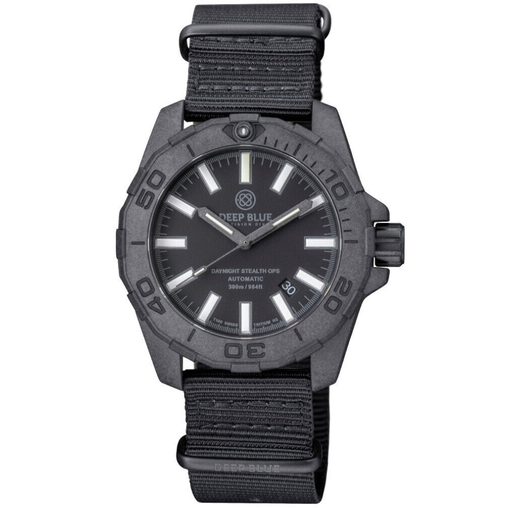 Deep Blue DayNight Stealth Ops Black Carbon Case Diver Automatic NH35 44mm Watch