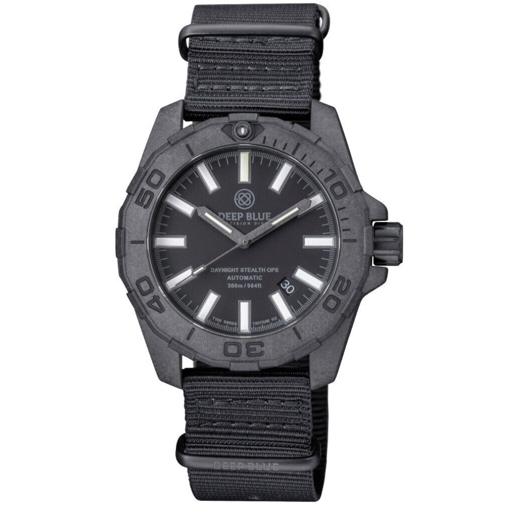 Deep Blue DayNight Stealth Ops Black Carbon Case Diver Automatic NH35 44mm Watch - Click Image to Close